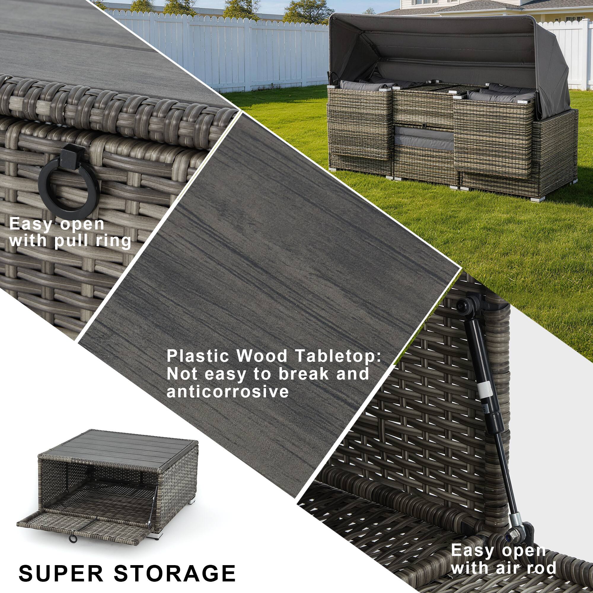 Easy open with pull ring

Plastic Wood Tabletop: Not easy to break and anticorrosive

SUPER STORAGE

Easy open with air rod