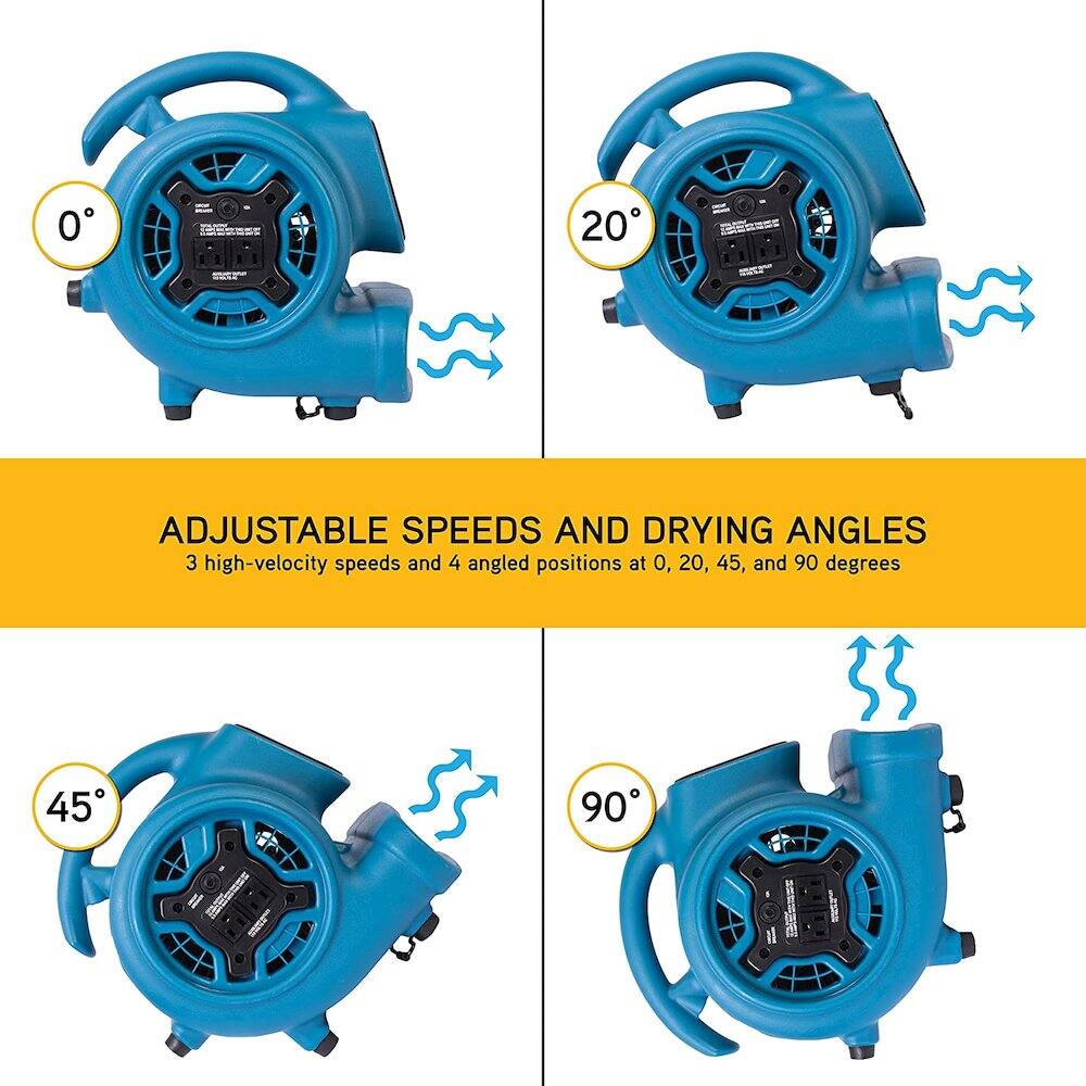ADJUSTABLE SPEEDS AND DRYING ANGLES

3 high-velocity speeds and 4 angled positions at 0, 20, 45, and 90 degrees