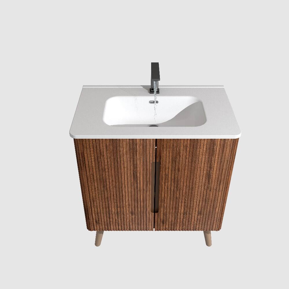 Alt View 4. Loheer - Loheer 30 inch freestanding bathroom vanity Striped Walnut with Ceramic Sink - White, Walnut.