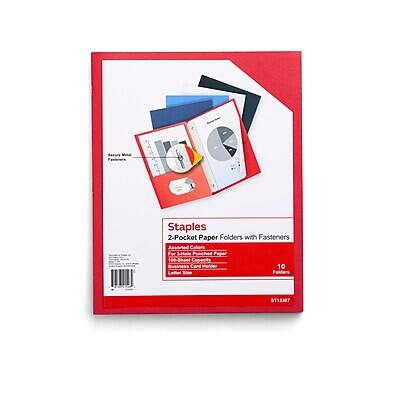 Staples 2-Pocket Paper Folders with Fasteners  
Assorted Colors  
For 15a Page Paper  
100-Sheet Capacity  
Business Card Molder  
10 Letter Size Folders  
ST13347  

$10.99