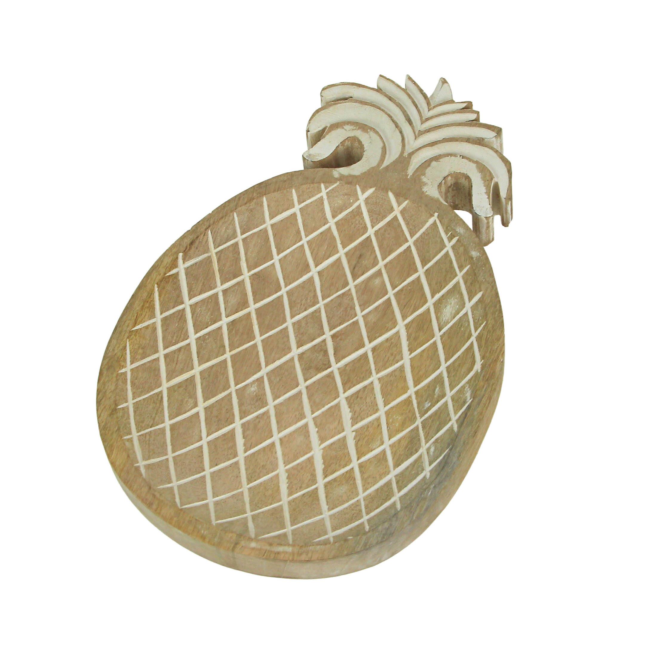 Front. PD Home & Garden - 12 Inch Hand Carved Pineapple Wooden Serving Tray Decorative Serveware Platter - Brown.