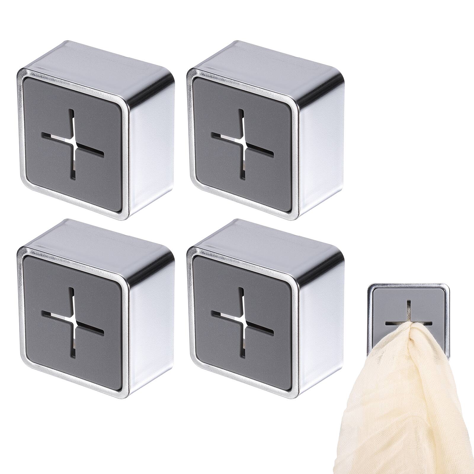 Front. Unique Bargains - 4pcs Push Towel Hooks, Square Adhesive Dish Towel Hook, Easy Wall Mount Holder for Kitchen Bathroom Hand Towels - Bright Gray.
