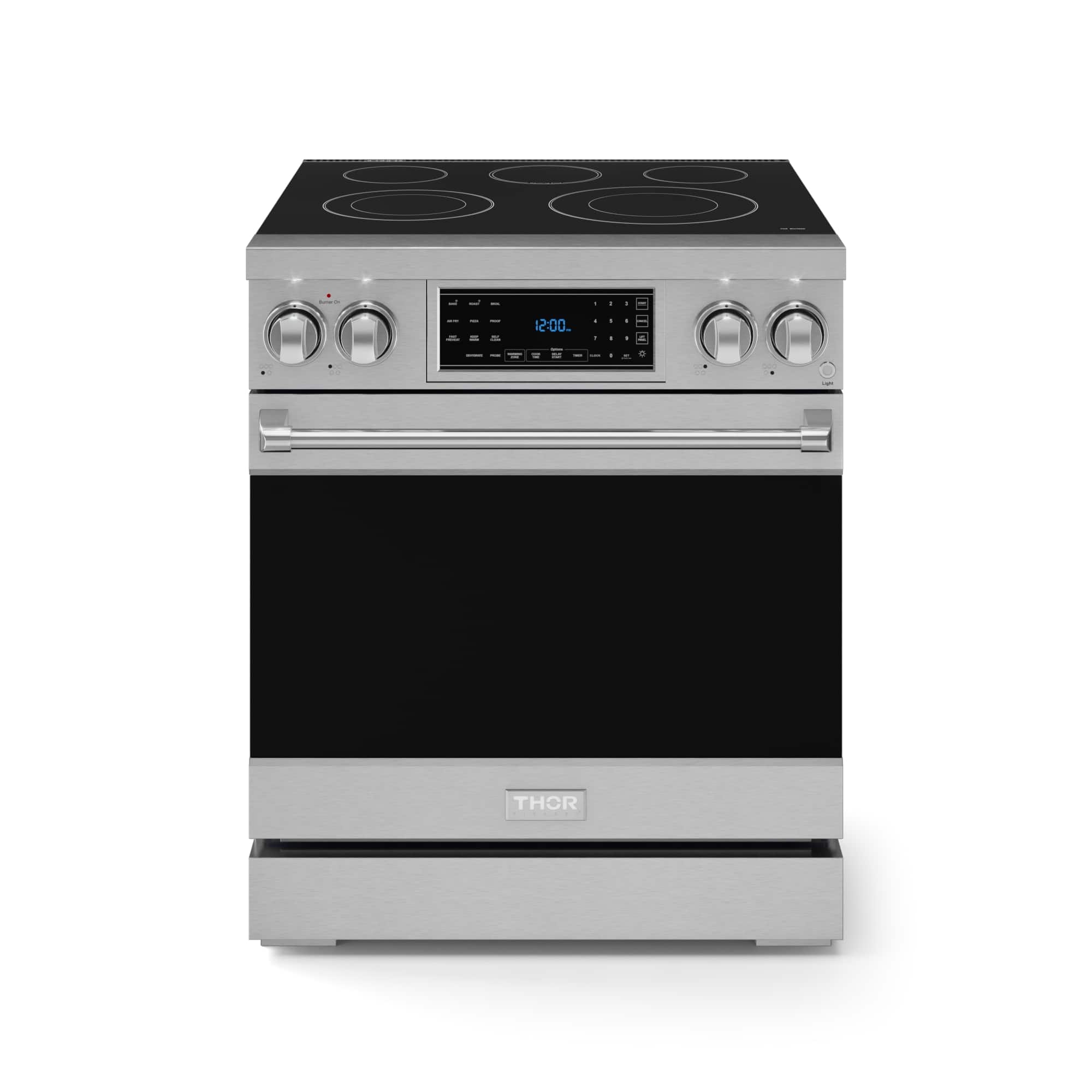 The image shows a stainless steel Thor oven with a digital display. The oven has a stove top and a built-in clock. The clock is set to 12:00, indicating that it is currently noon. The oven is a modern and sleek appliance, likely designed for efficient cooking and easy use.