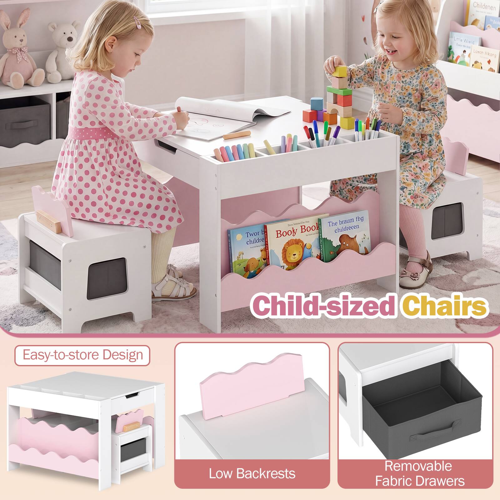 Children - "Son Le Wad - Lomcn a - braunt tbg - The D Booly Book children Two childre Child-sized Chairs Easy-to-store Design Low Backrests Removable Fabric Drawers