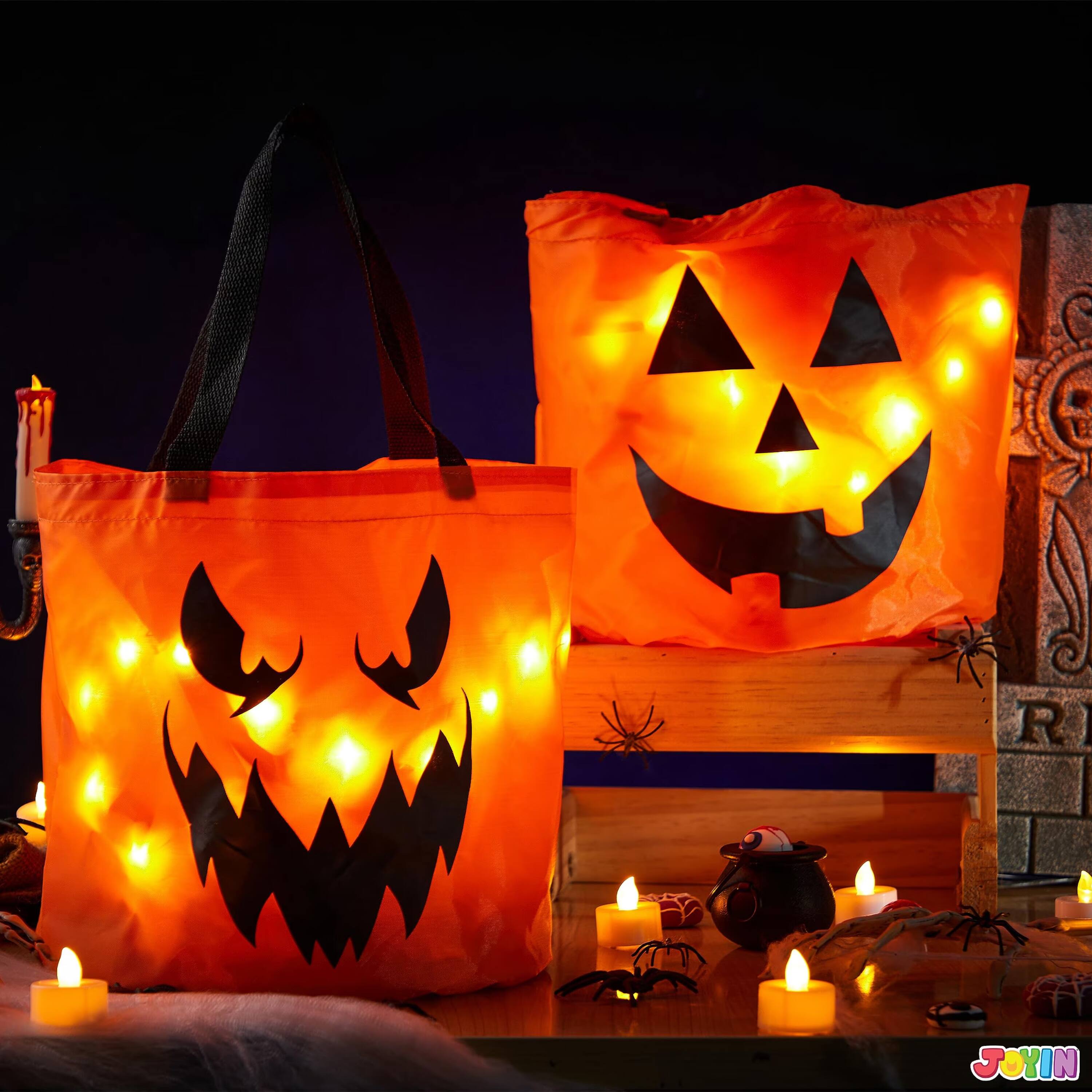 Alt View 3. Joyfy - 2 PCS Halloween Trick or Treat Bags 10 x 11.8 inches LED Light Orange Pumpkin Buckets Reusable Goody Candy Bucket - orange.