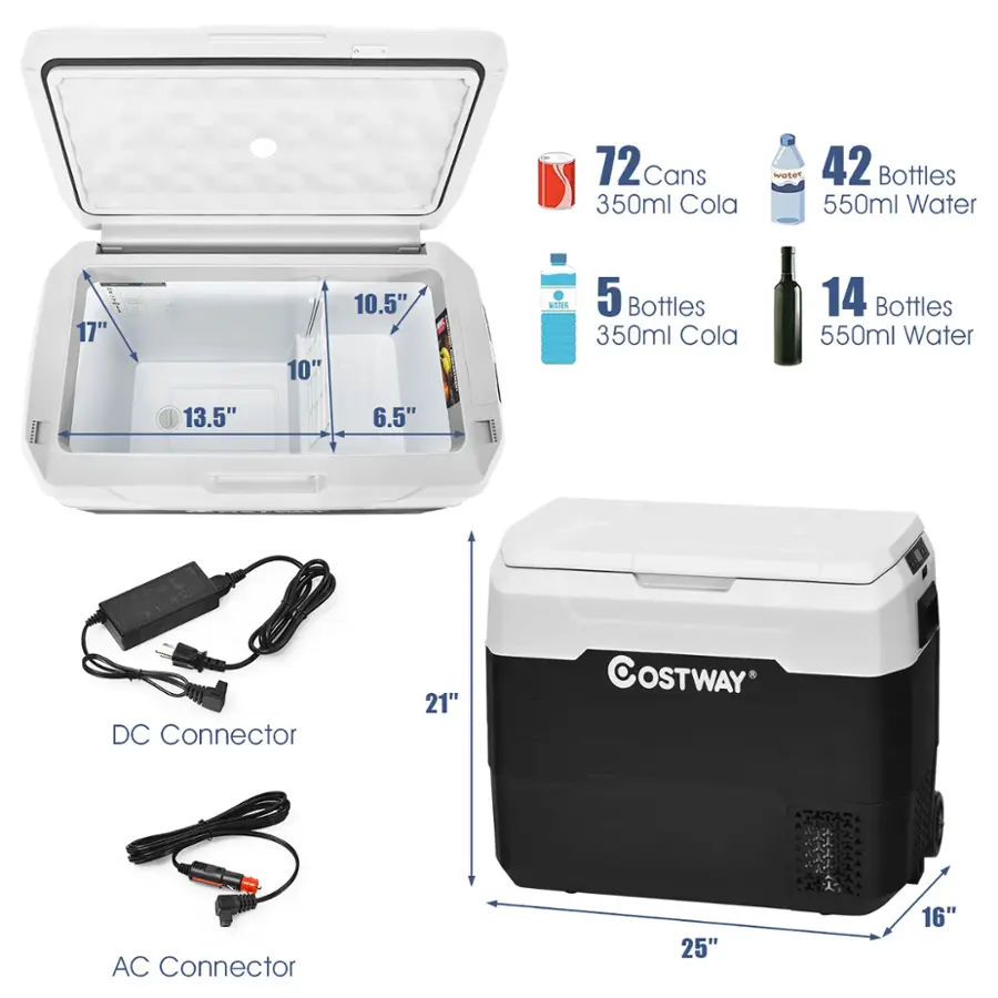 The image shows a cooler with various items inside, including 72 cans of soda, 350ml cola, 42 bottles of water, and a DC connector. The cooler is described as a 25" x 16" x 18" cooler with a 10.5" x 6.5" x 10" interior. The image also includes a diagram of the cooler's dimensions and features.