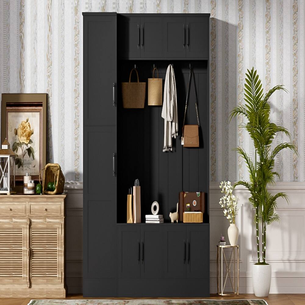 Alt View 4. Loheer - Loheer 79 inch tall modern hall tree, entryway bench with shoe storage, MDF, Black - Black.