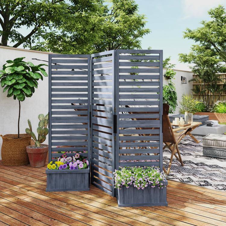 Alt View 1. PULUZ - Wood Privacy Screen w/ 4 Planter Box, Raised Bed w/ 3 Panels & Drainage Holes - Gray.