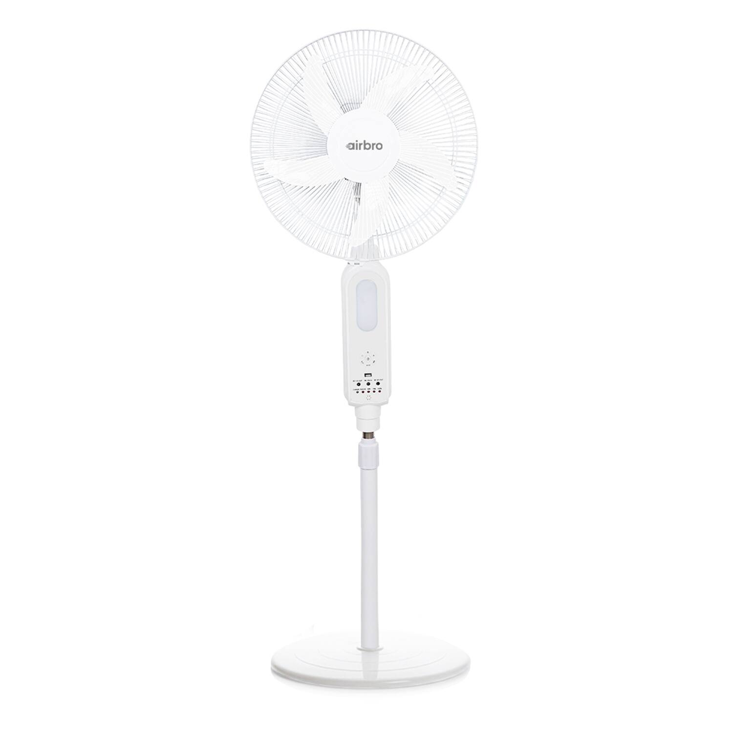 Alt View 1. Airbro - 16" Rechargeable Oscillating Stand Fan, Power Bank, 3 Speeds, 1200 CFM, LED, Solar, Remote - White.