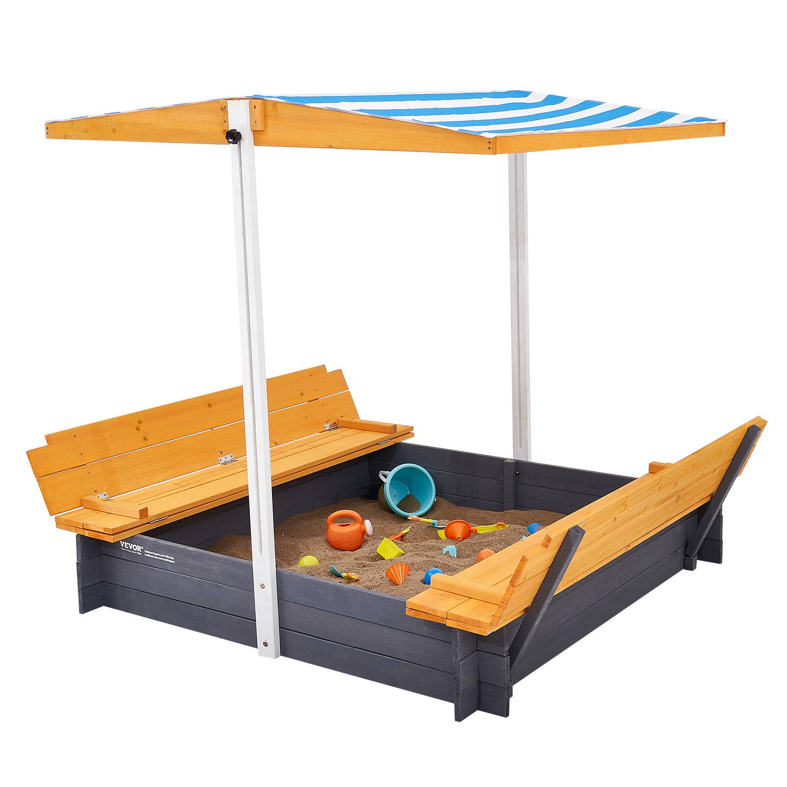 Alt View 5. VEVOR - Wooden Sandbox with Canopy, 57.3 x 47.2 x 47.2 in Sand Box, Sand Pit with Foldable Bench Seats and Bottom Liner - Bright orange-red.