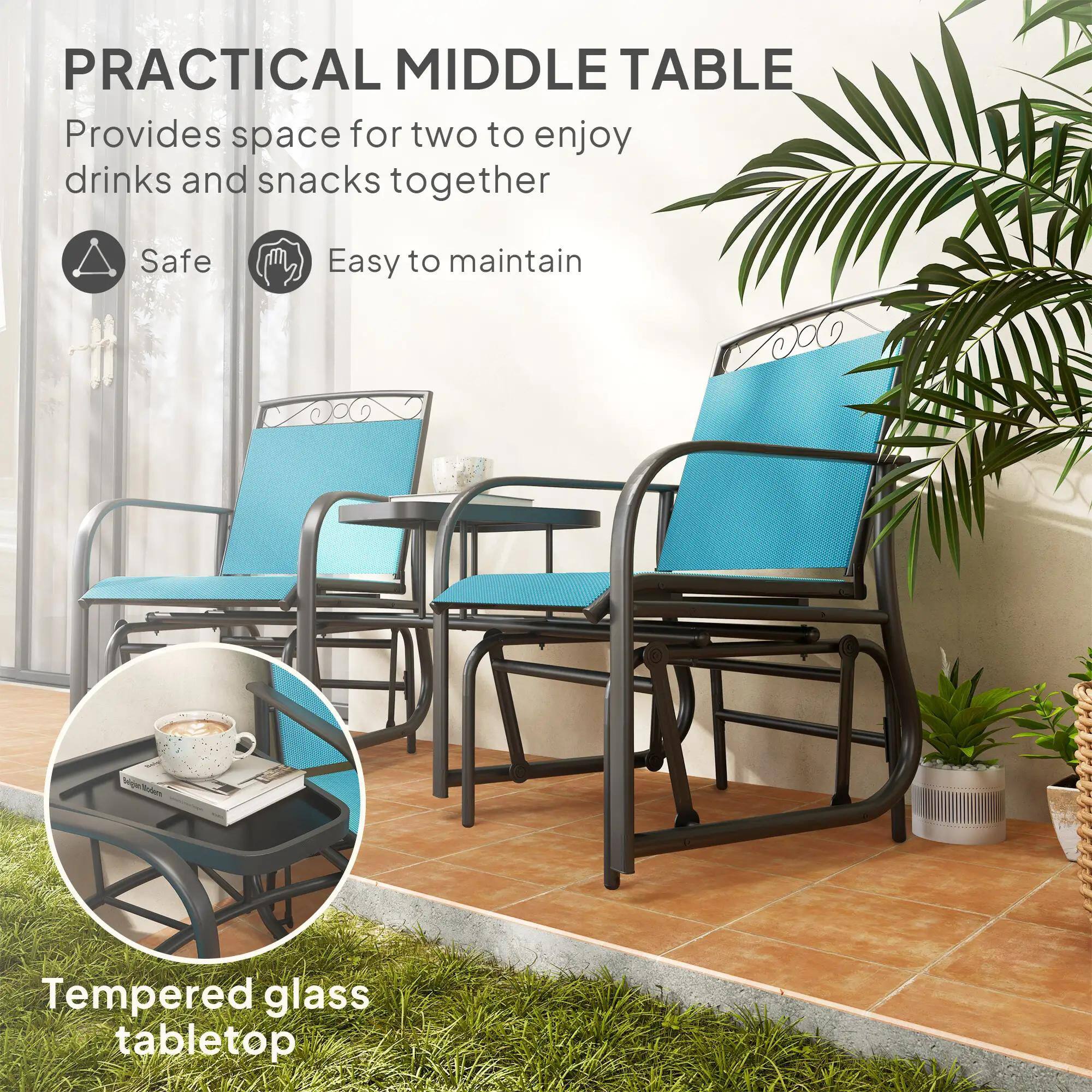 PRACTICAL MIDDLE TABLE  
Provides space for two to enjoy drinks and snacks together  

Safe  
Easy to maintain  

Tempered glass tabletop