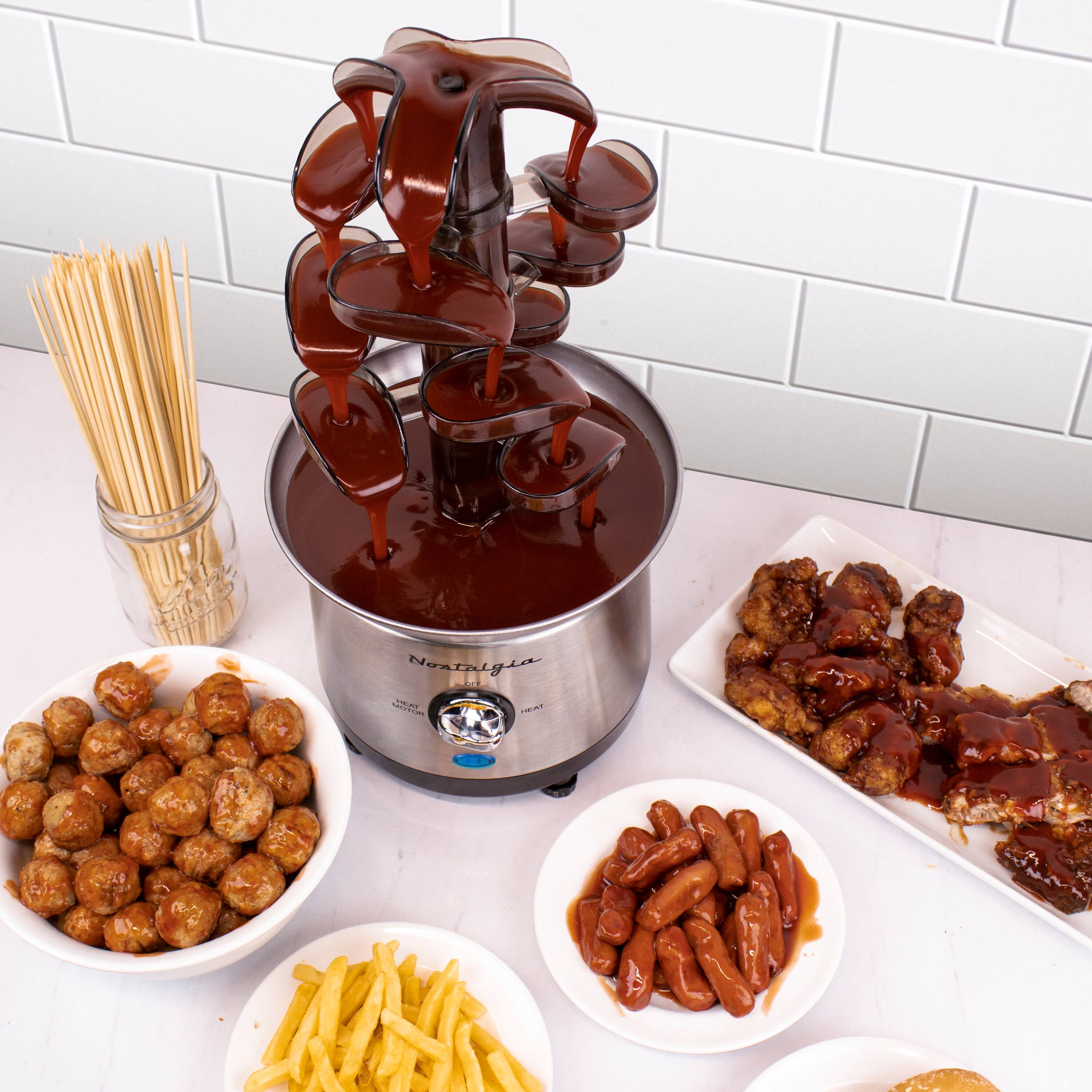 Alt View 5. Nostalgia - 2-lb. Stainless Steel Cascading Fondue Fountain - Chocolate, BBQ Sauce, Ranch, Nacho Cheese, Buffalo Sauce - Stainless Steel.