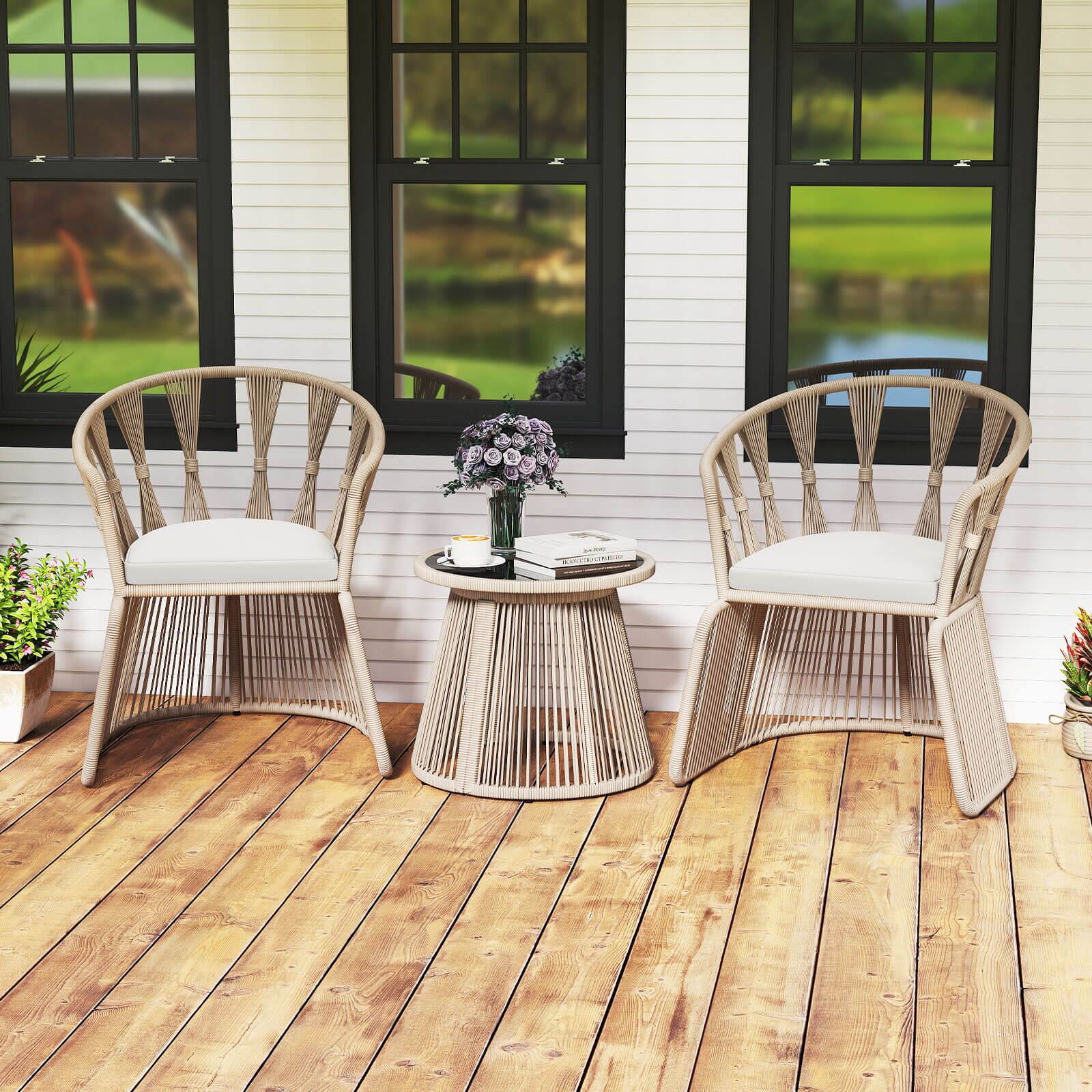 Alt View 3. Costway - Costway 3 PCS Patio Leisure Chair Set Rope-Woven Armchairs & Table Set with  Cushions - Off-White.