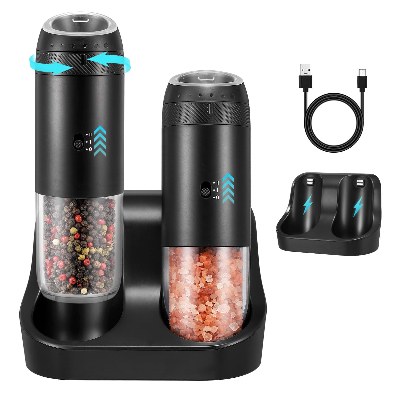 Unique Bargains - Rechargeable Gravity Electric Salt Grinder Set with Variable Grinding Speed External Adjustable Coarseness Charging Base - Black
