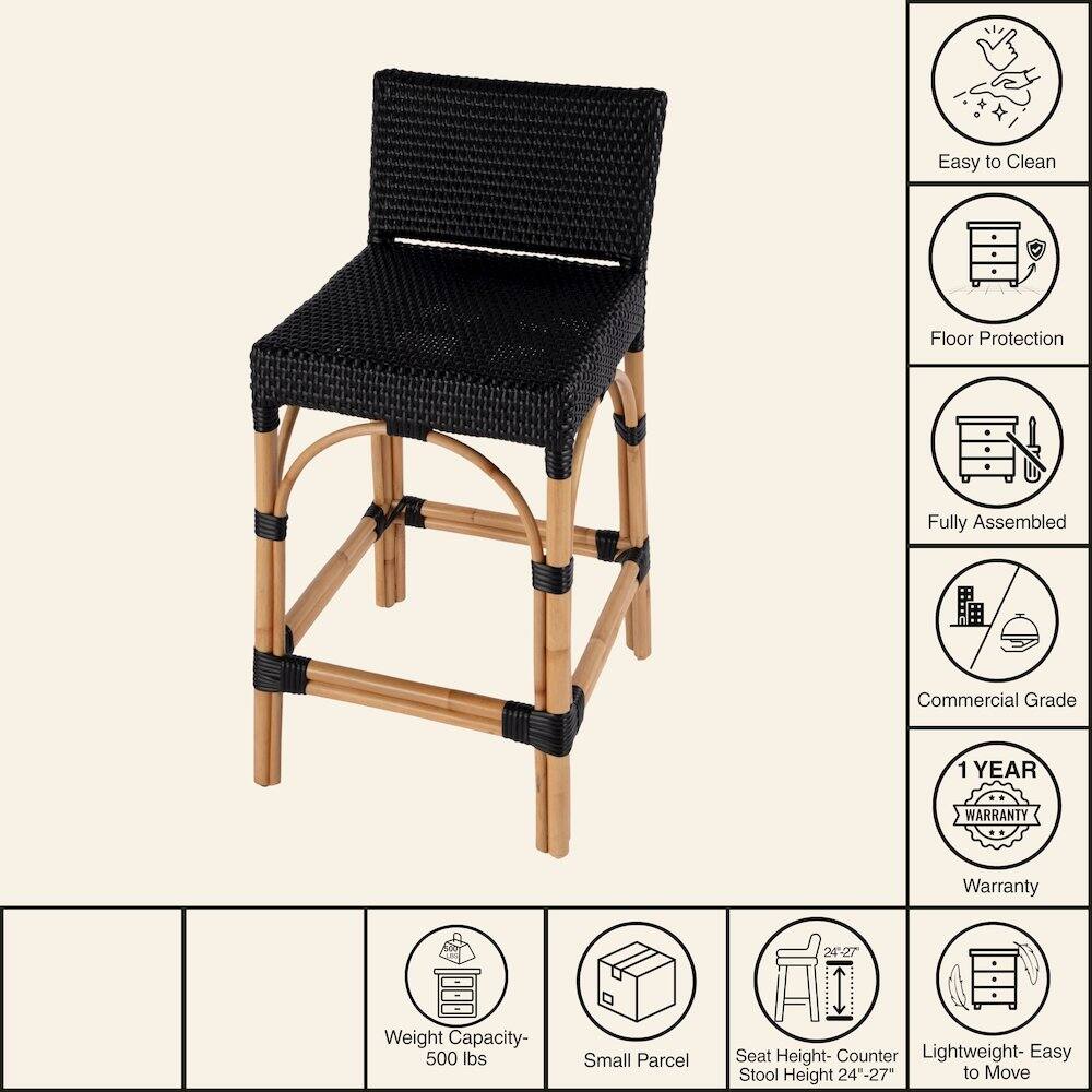 Easy to Clean  
Floor Protection  
Fully Assembled  
Commercial Grade  
1 YEAR WARRANTY  
Weight Capacity- 500 lbs  
Small Parcel  
Seat Height- Counter Stool Height 24"-27"  
Lightweight- Easy to Move