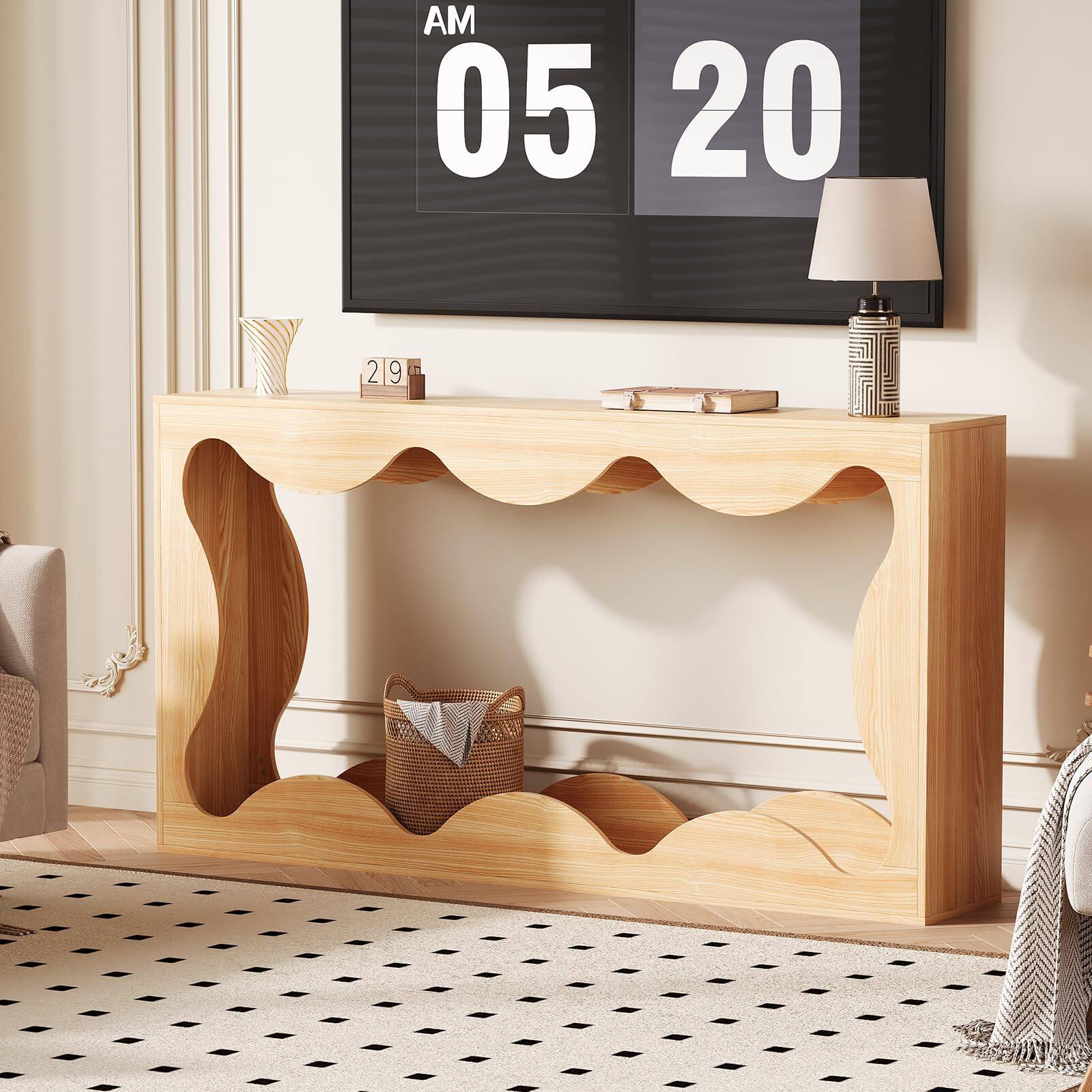 Alt View 3. Qeetex - 63" Farmhouse Console Table with Scalloped Design, Narrow Entryway Sofa Table with Storage for Hallway - Natural.