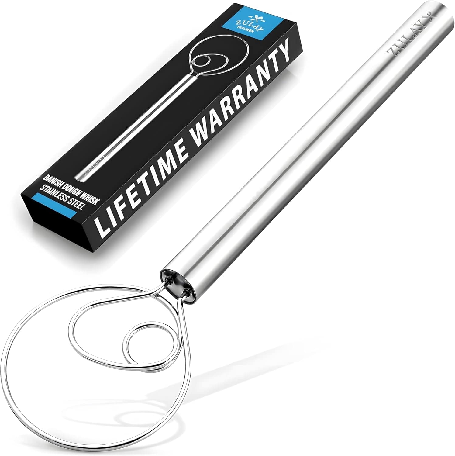 Zulay Kitchen - 13-Inch Danish Dough Whisk - Stainless Steel Danish Whisk for Cooking with Dough Hook - Silver
