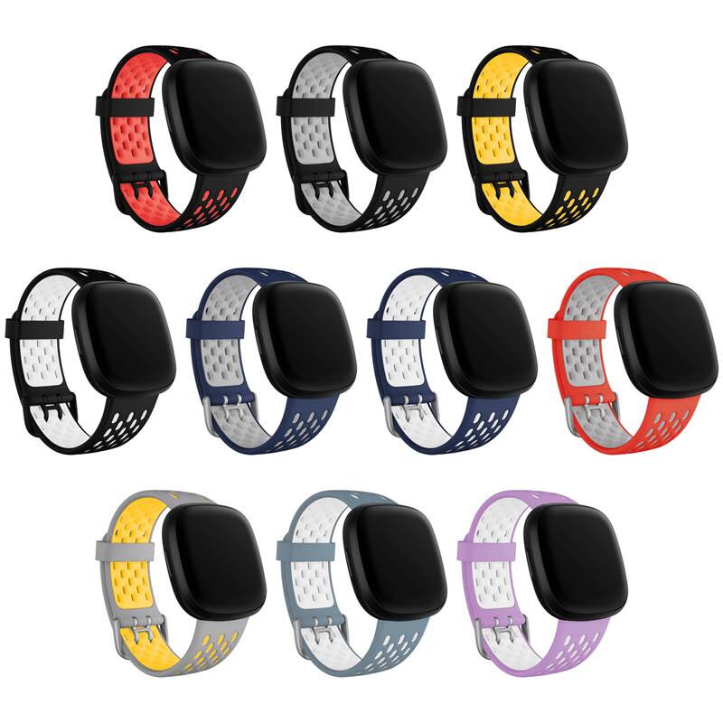 Left. StrapsCo - Colorblock Sport Band Silicone Rubber Watch Strap For Fitbit Versa 3 (Short-Medium) - Blue & Grey.