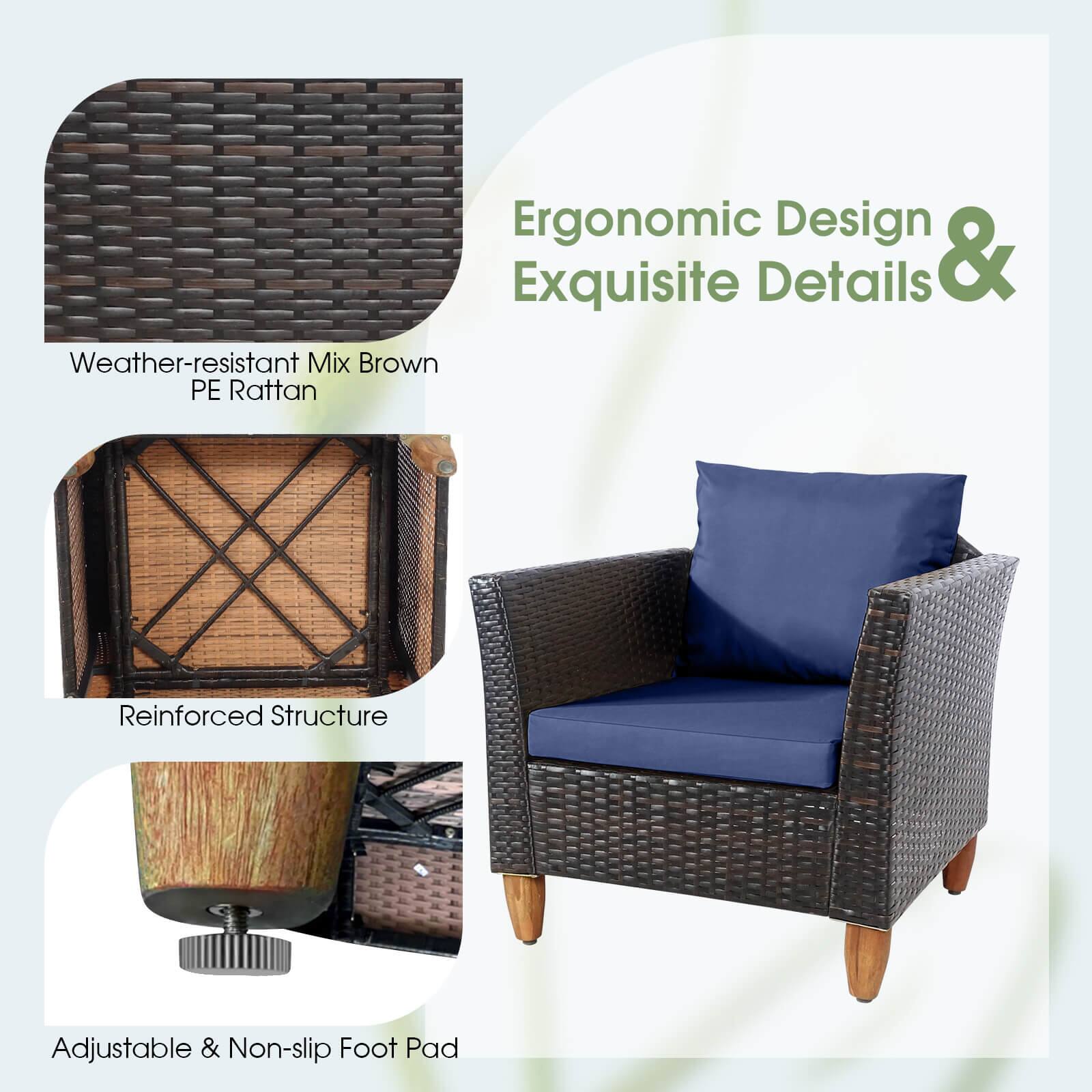 Ergonomic Design & Exquisite Details

Weather-resistant Mix Brown PE Rattan

Reinforced Structure

Adjustable & Non-slip Foot Pad