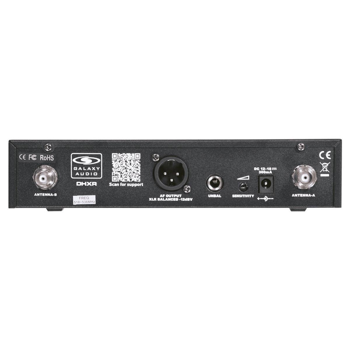 CE FC RoHS  
GALAXY AUDIO  
DHXR  
Scan for support  

ANTENNA-B  
FREQ 518-536MHz  

AF OUTPUT XLR BALANCED  
UNBAL SENSITIVITY  

ANTENNA-A  

DC 12-18V  
300mA  

INPUT  
UNBAL  
SENSITIVITY  

CE