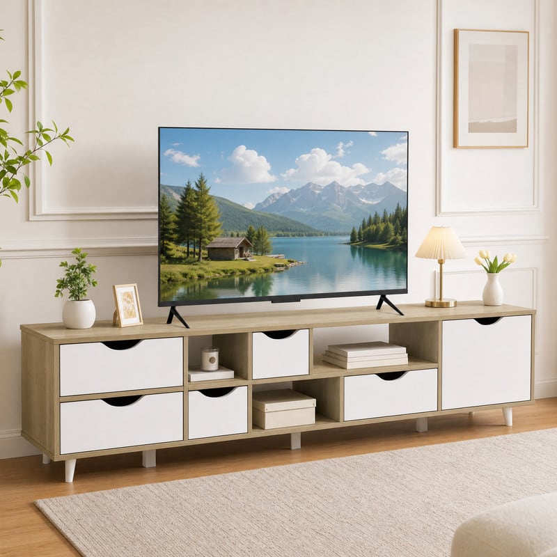 "WELLFOR - Modern TV Stand for TVs up to 65""Entertainment Center Media Console Table with 5 Drawers & 3 Open Shelves - Oak" price history on PriceWatchPro
