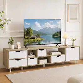 WELLFOR - Modern TV Stand for TVs up to 65"Entertainment Center Media Console Table with 5 Drawers & 3 Open Shelves - Oak