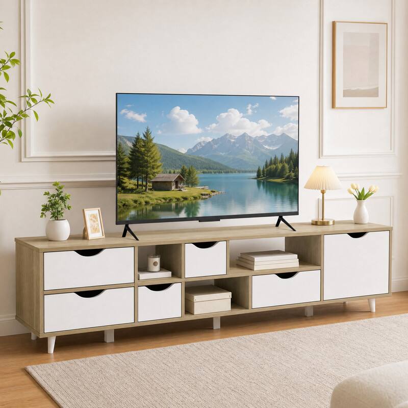 Front. WELLFOR - Modern TV Stand for TVs up to 65"Entertainment Center Media Console Table with 5 Drawers & 3 Open Shelves - Oak.