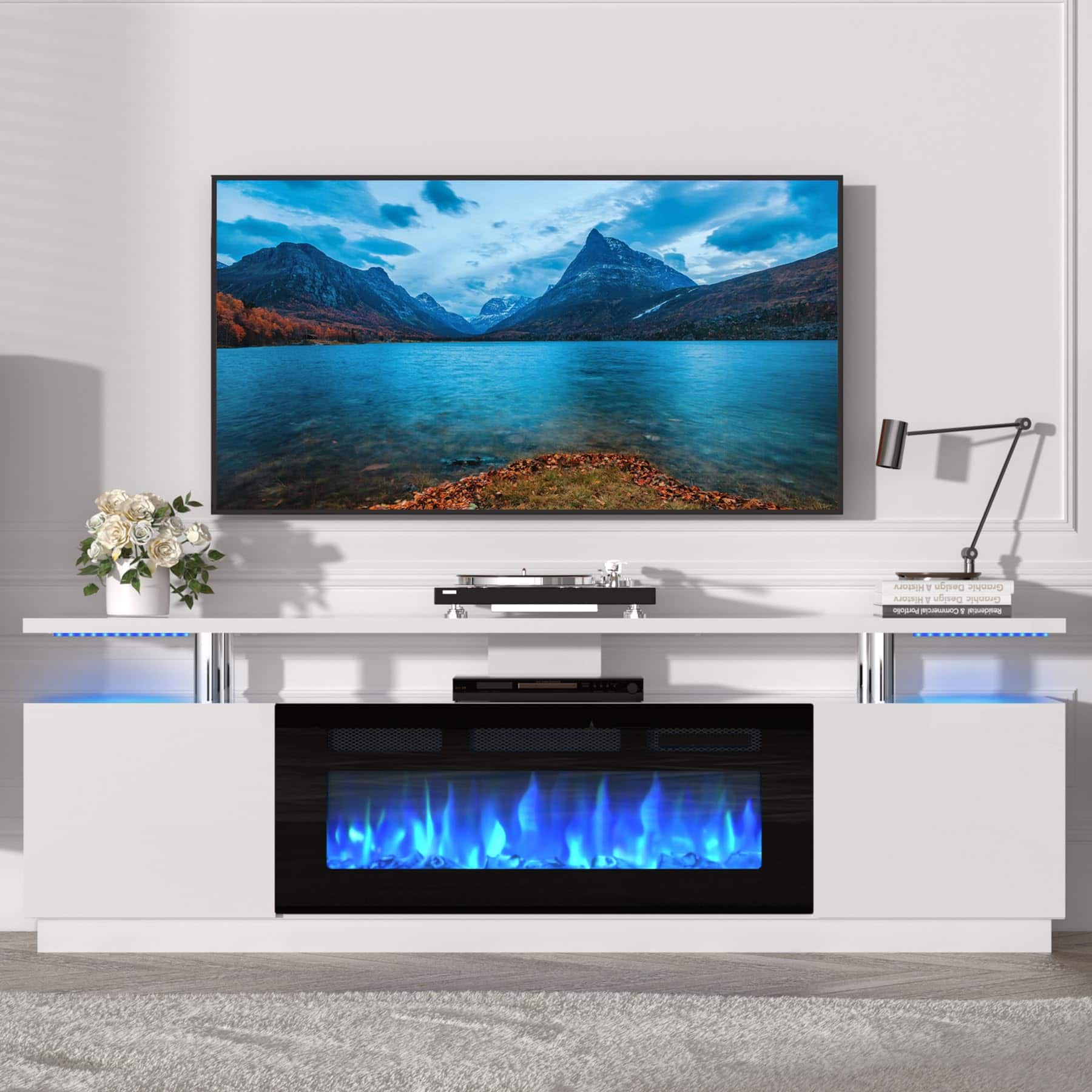Jojoka - 70" Fireplace TV Stand with 36" Electric Fireplace, 12 Colors LED Lights, 750w/1500w Tv Stand with Fireplace - White