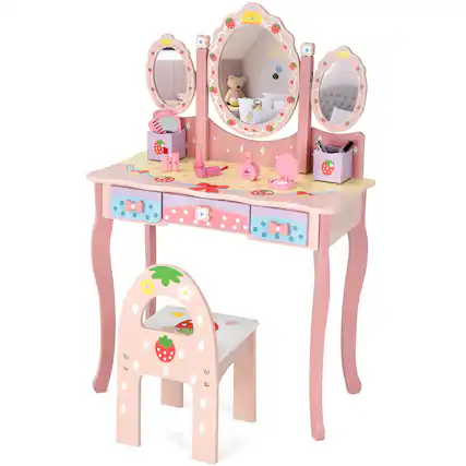 Front. Costway - Costway Kids Vanity Princess Makeup Dressing Table Chair Set w/ Tri-fold Mirror - Pink.