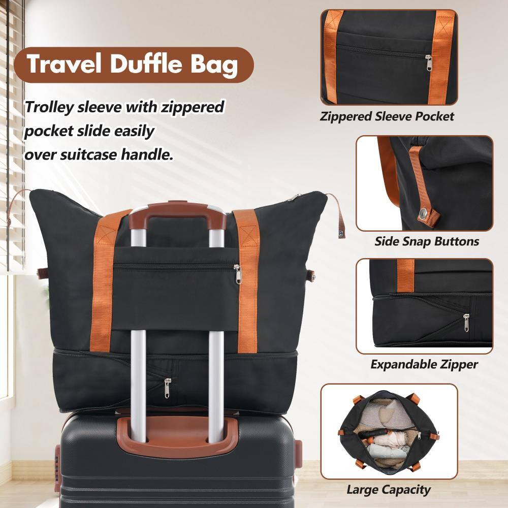 Travel Duffle Bag

- Trolley sleeve with zippered pocket slide easily over suitcase handle.
- Zippered Sleeve Pocket
- Side Snap Buttons
- Expandable Zipper
- Large Capacity