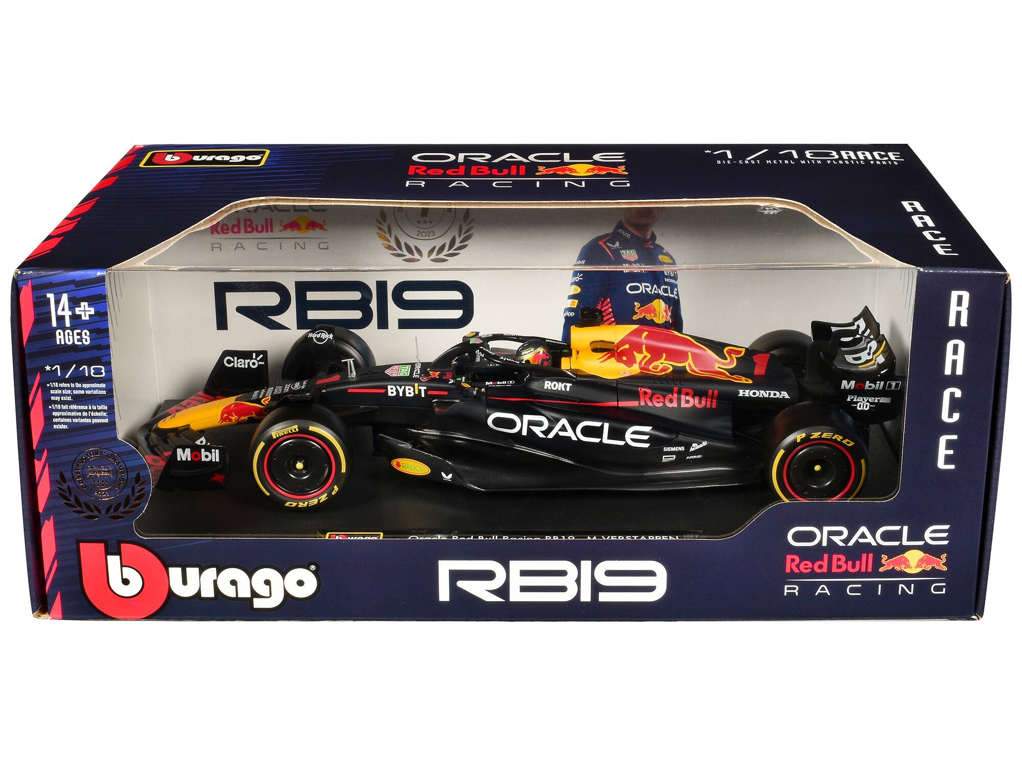 URAGO ORACLE RACE  
Red Bull Racing  
RBI9  
14+ AGES  
Claro  
1/18  
Red Bull  
ORACLE  
BYBIT  
ROKT  
HONDA  
Mobil 1  
Player