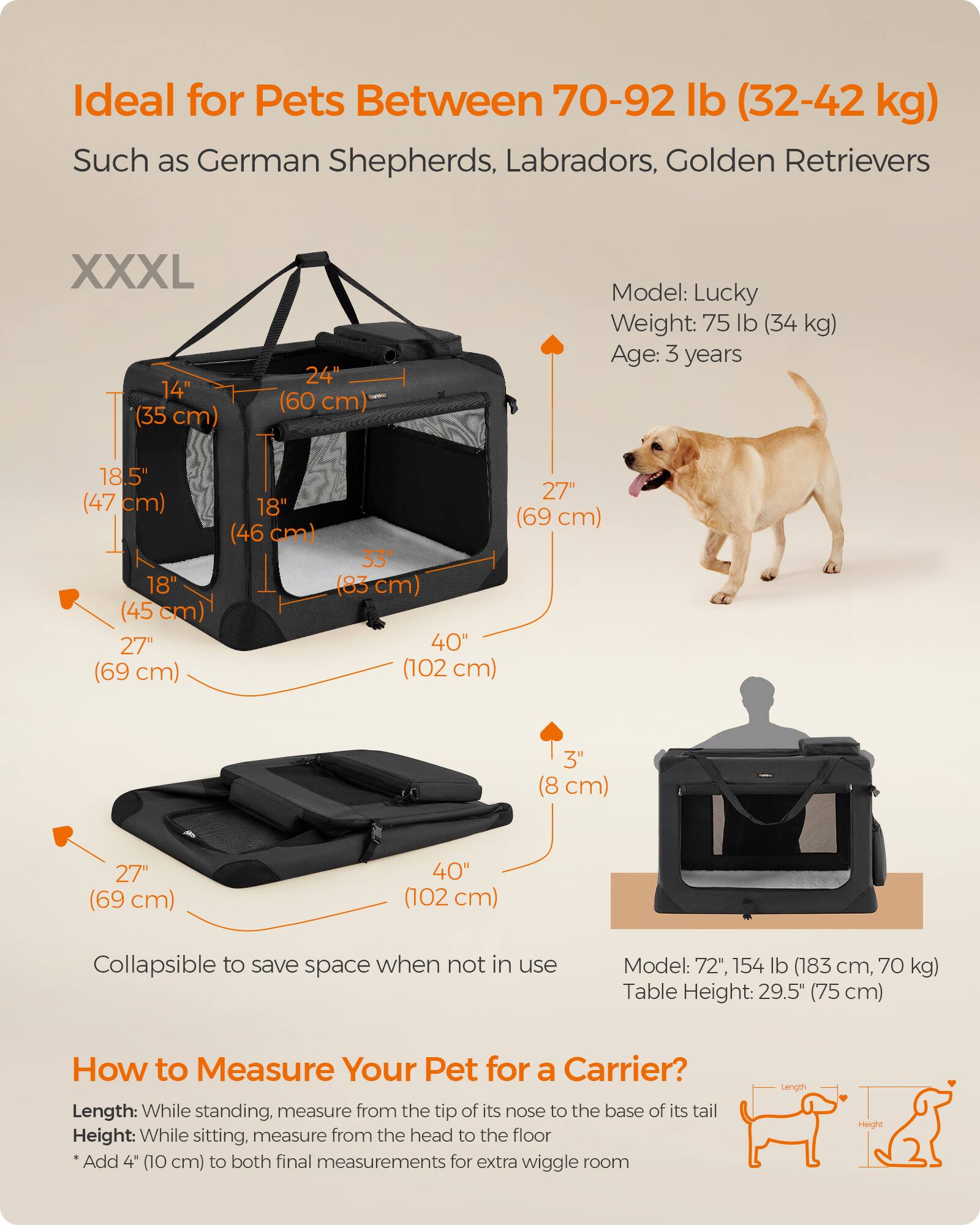 Ideal for Pets Between 70-92 lb (32-42 kg)  
Such as German Shepherds, Labradors, Golden Retrievers

XXXL  
14" (35 cm)  
24" (60 cm)  
18.5" (47 cm)  
18" (45 cm)  
27" (69 cm)  
33" (83 cm)  
40" (102 cm)  
3" (8 cm)

Model: Lucky  
Weight: 75 lb (34 kg)  
Age: 3 years

Collapsible to save space when not in use

Model: 72", 154 lb (183 cm, 70 kg)  
Table Height: 29.5" (75 cm)

How to Measure Your Pet for a Carrier?  
Length: While standing, measure from the tip of its nose to the base of its tail  
Height: While sitting, measure from the head to the floor  
*Add 4" (10 cm) to both final measurements for extra wiggle room