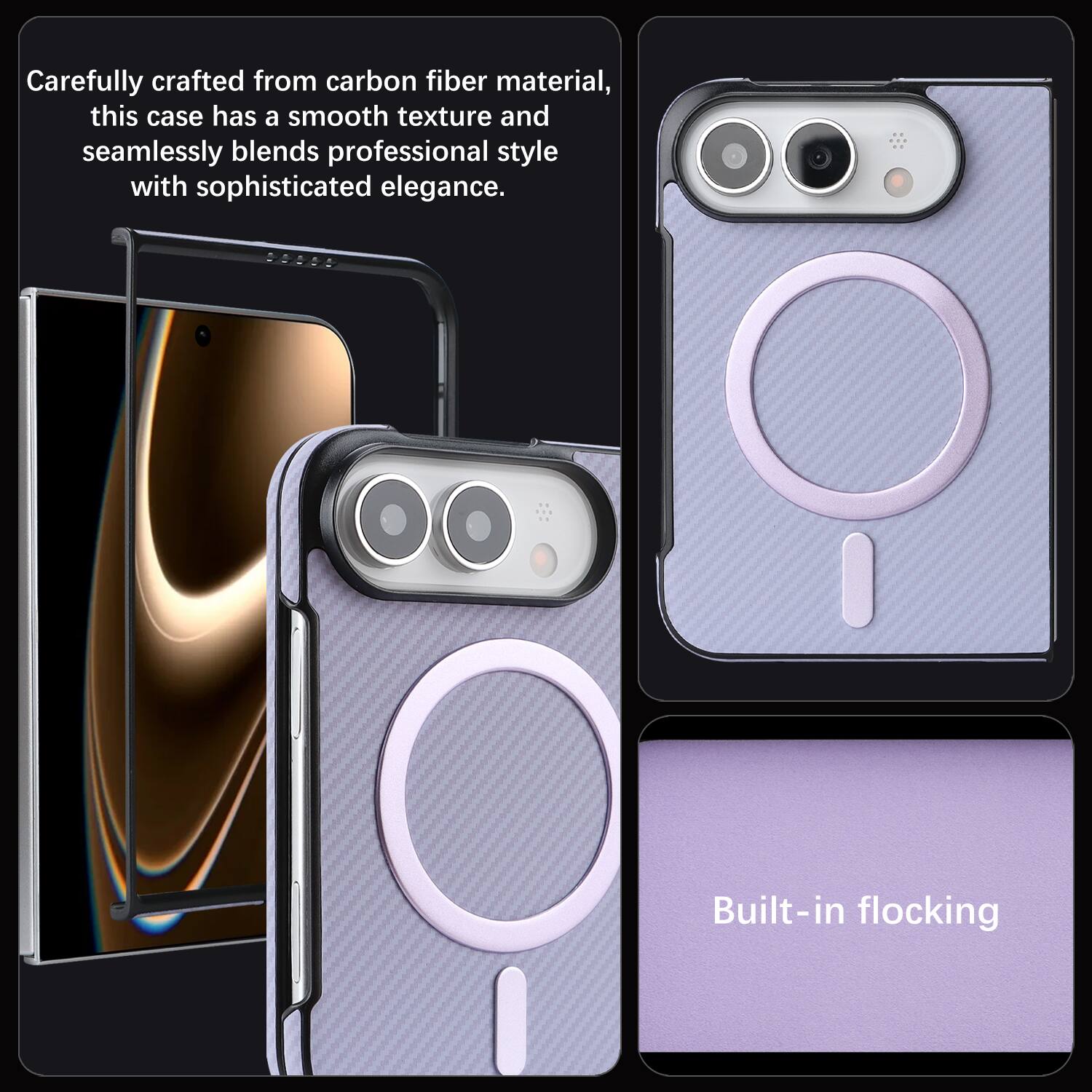 Carefully crafted from carbon fiber material, this case has a smooth texture and seamlessly blends professional style with sophisticated elegance.

Built-in flocking