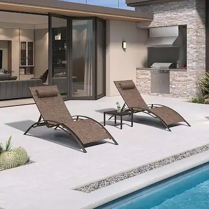 Front. PURPLE LEAF - 3-Pieces Oversized Aluminum Outdoor Chaise Lounge Patio Lounge Chair with Side Table - Brown.