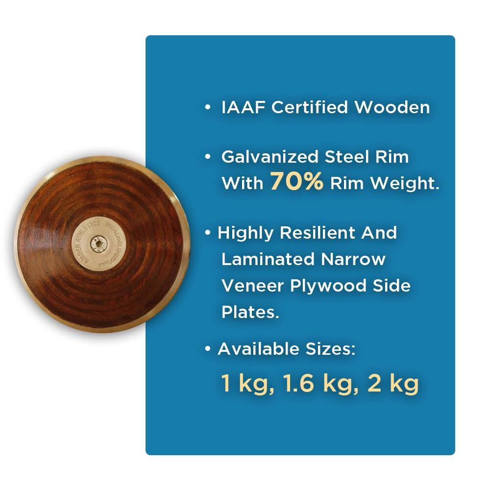 IAAF Certified Wooden ATHLETICS AMBER P Galvanized Steel Rim With 70% Rim Weight. Highly Resilient And Laminated Narrow Veneer Plywood Side Plates. Available Sizes: 1 kg, 1.6 kg, 2 kg