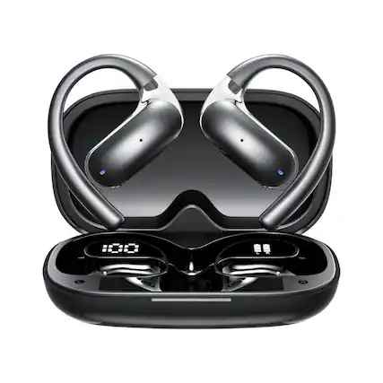 Front. SKRAN - Ear-Hook Wireless Sports Bluetooth Headphones, Waterproof, Clear LED Display - for Running, Gym, Commuting - Black.