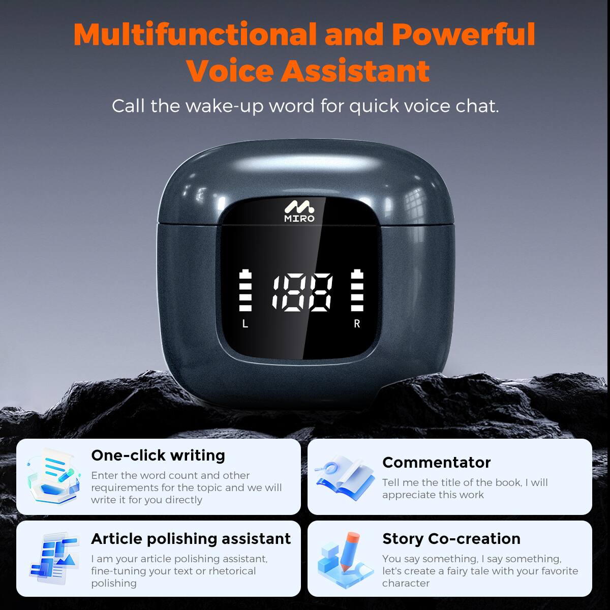 Multifunctional and Powerful Voice Assistant
Call the wake-up word for quick voice chat.

MIRO L R

One-click writing
Enter the word count and other requirements for the topic and we will write it for you directly

Commentator
Tell me the title of the book, I will appreciate this work

Article polishing assistant
I am your article polishing assistant. fine-tuning your text or rhetorical polishing

Story Co-creation
You say something. | say something. let's create a fairy tale with your favorite character