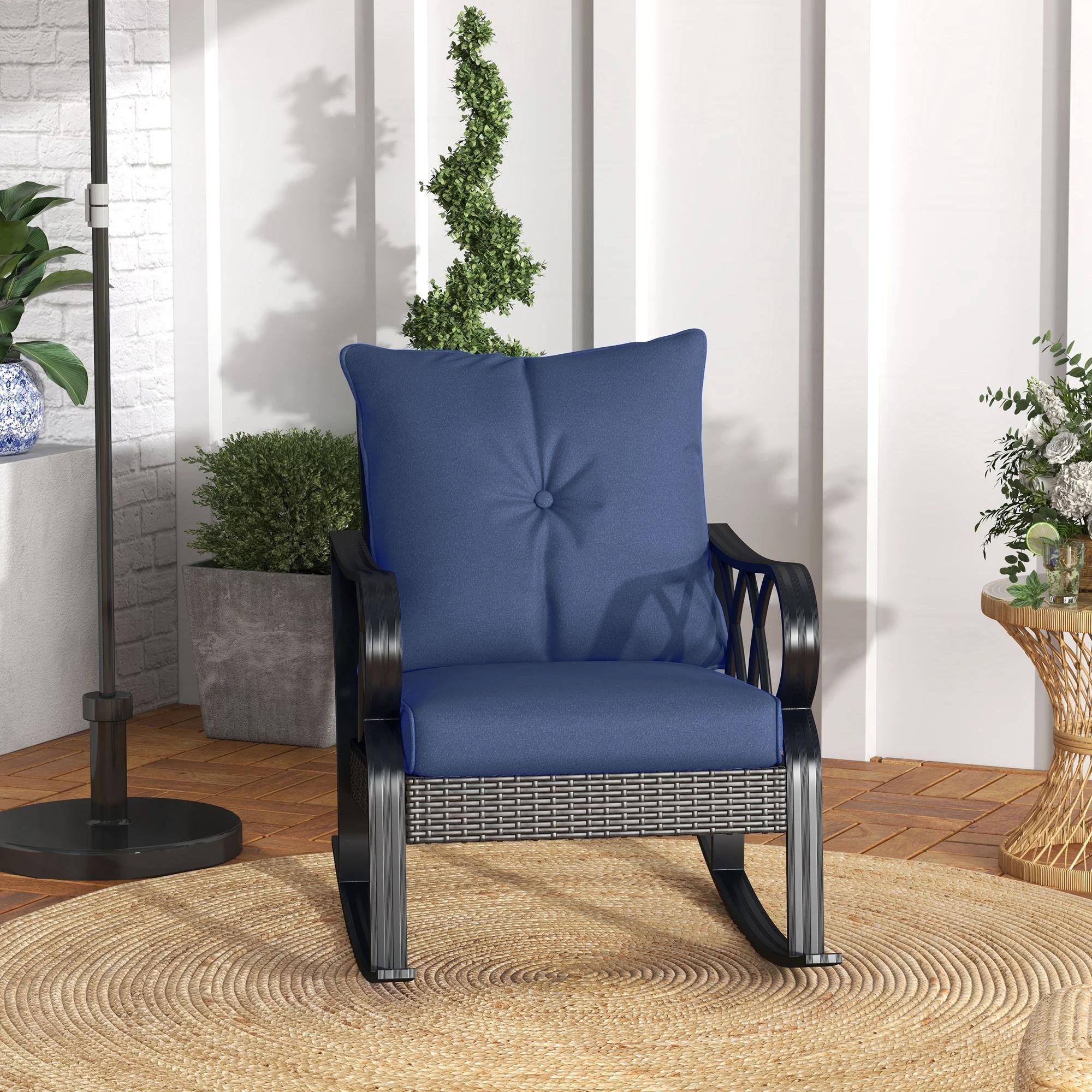 Alt View 2. Resenkos - Resenkos Wicker Rocking Chair with Padded Cushions, Aluminum Rattan Porch Chair, Armrest, Navy Blue, Navy Blue - Navy Blue.