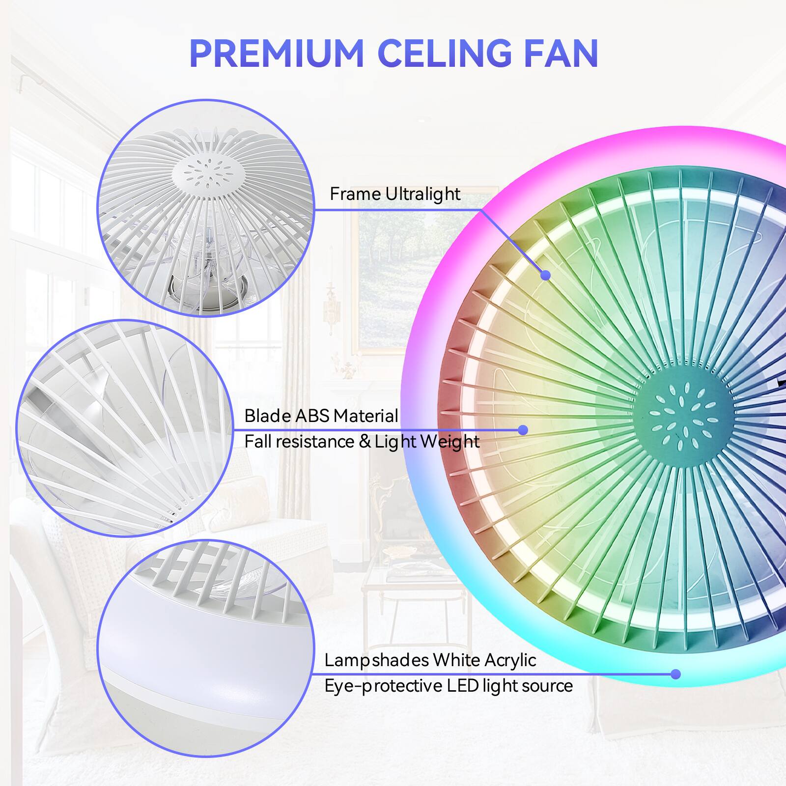 PREMIUM CELING FAN Frame Ultralight Blade ABS Material Fall resistance & Light Weight Lamp shades White Acrylic Eye-protective LED light source
