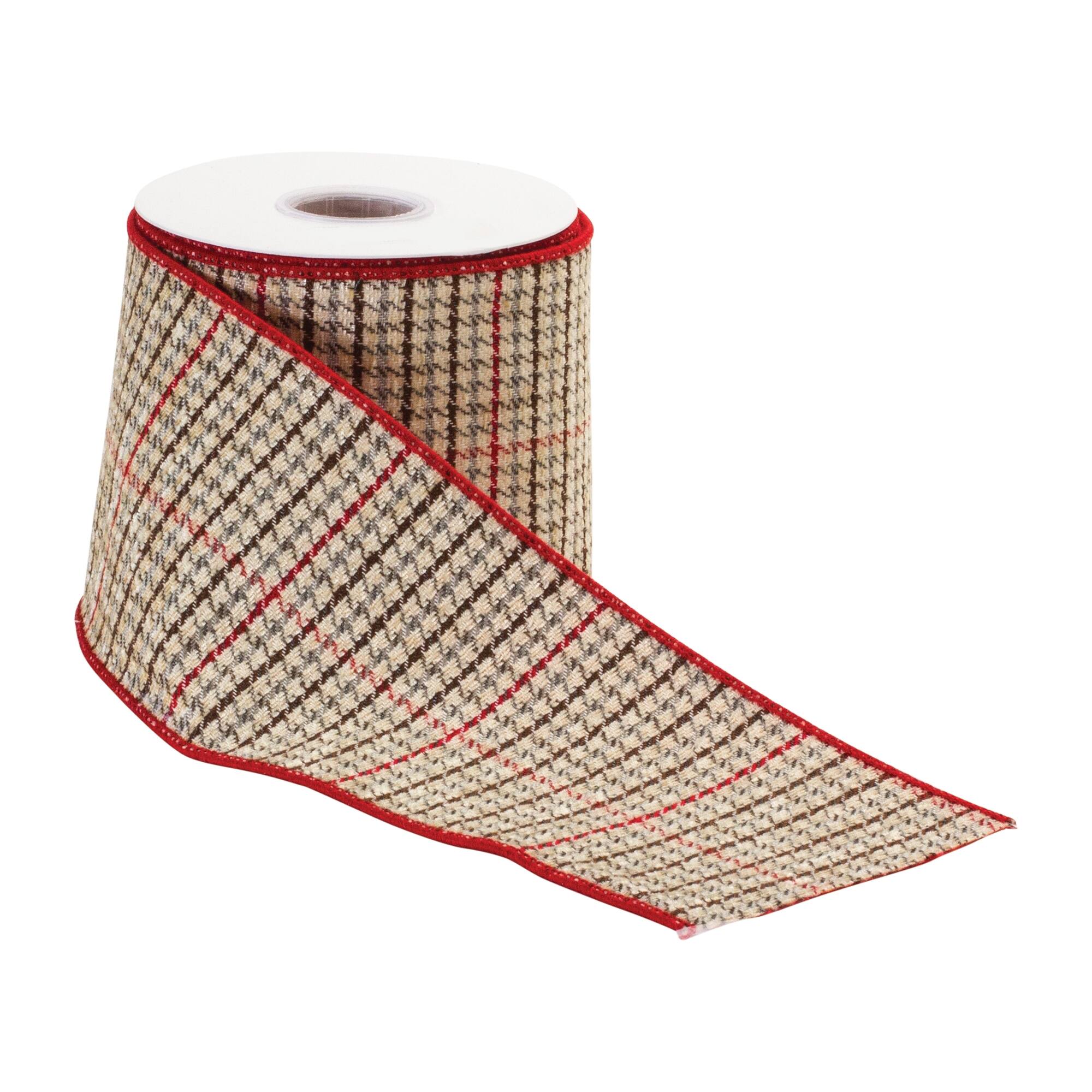 Angle. BreeBe - Plaid Ribbon 4" x 10 yds. - Beige, Red, Green.