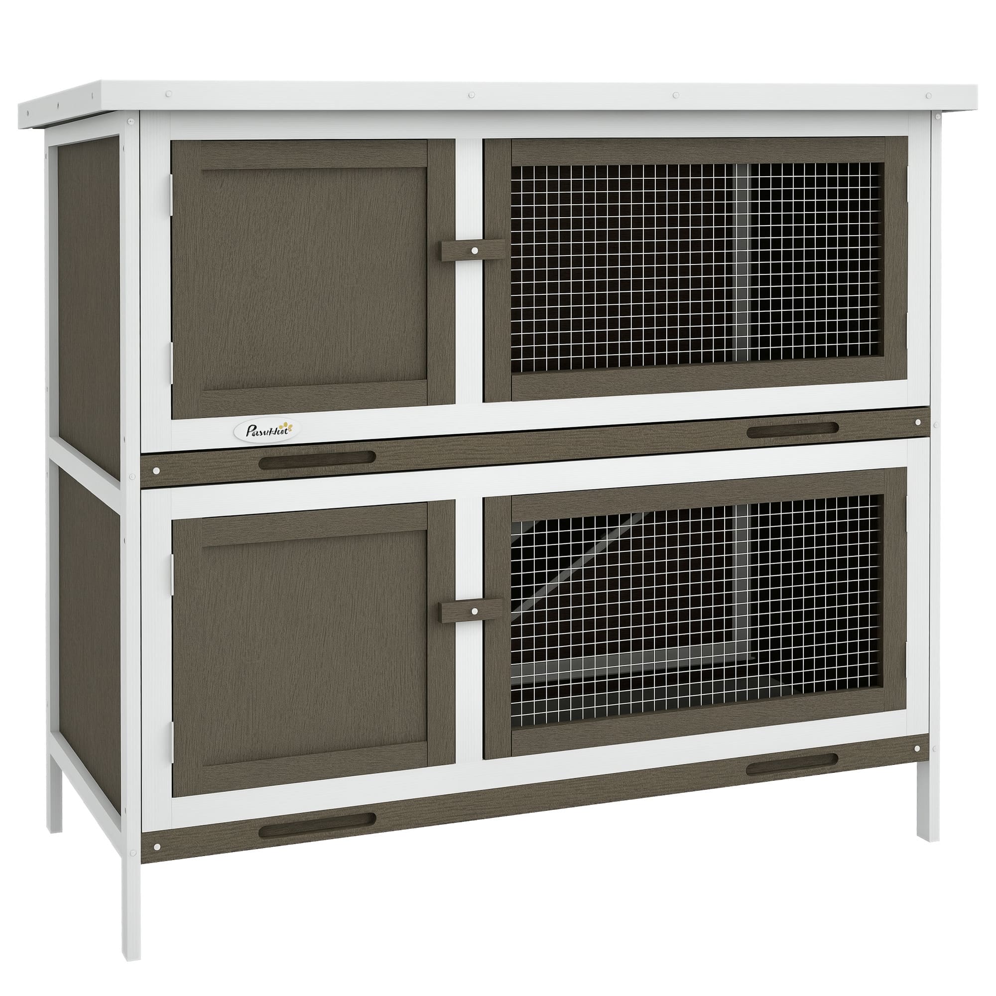 Pawhut - Wooden Bunny Rabbit Hutch, Small Animal Habitat with Ramp, Removable Tray, Weatherproof Roof, Indoor/Outdoor Use