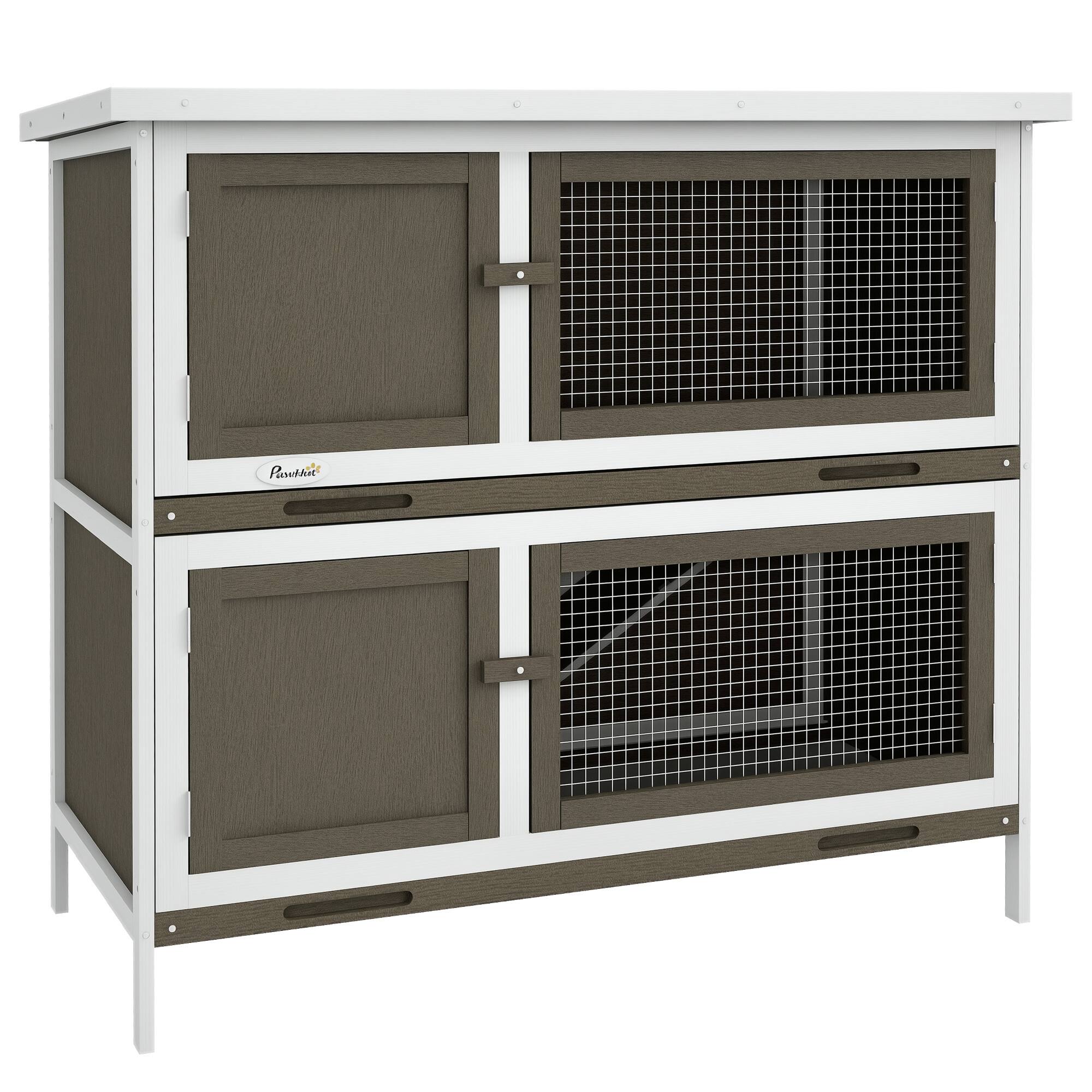 Front. Pawhut - Wooden Bunny Rabbit Hutch, Small Animal Habitat with Ramp, Removable Tray, Weatherproof Roof, Indoor/Outdoor Use.