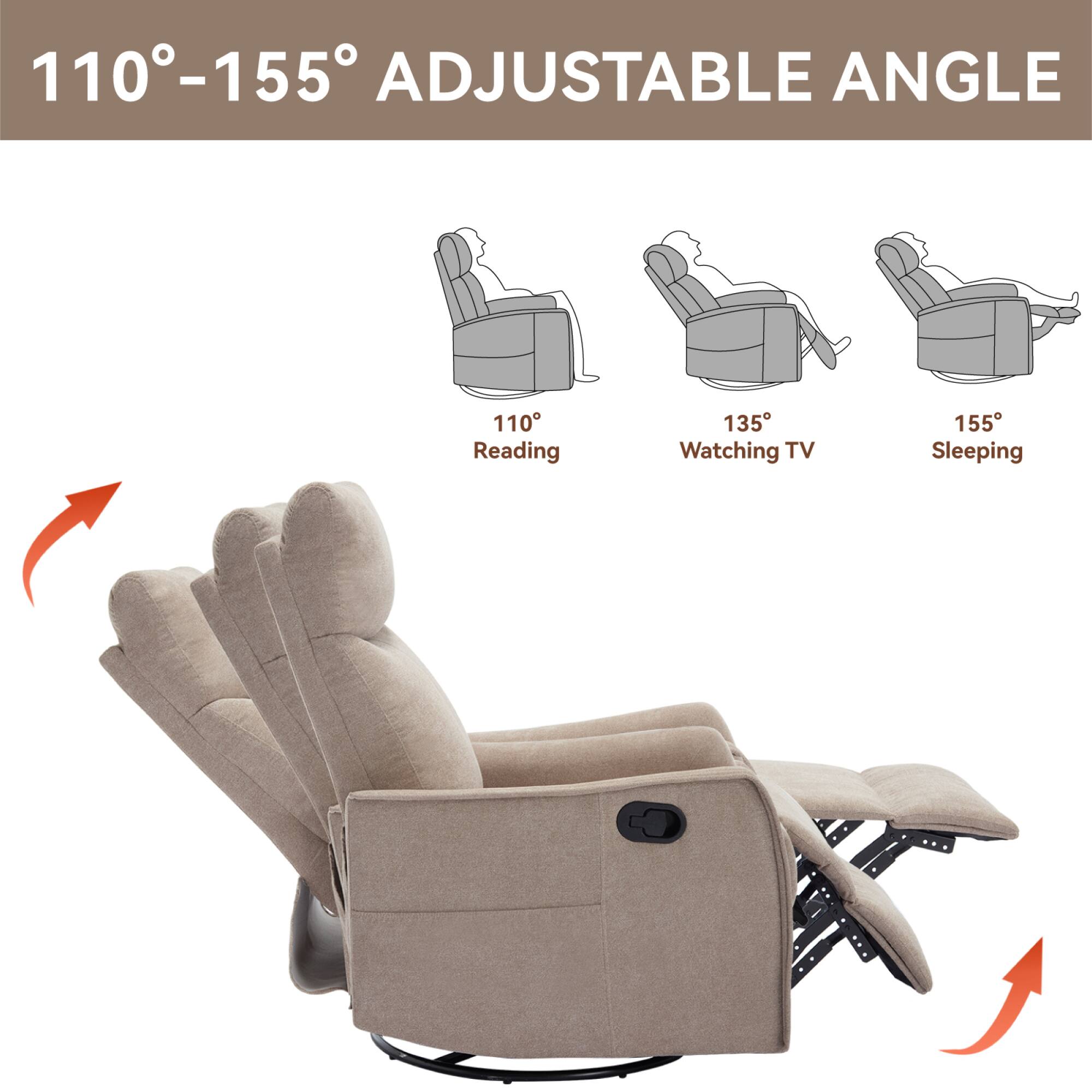 110°-155° Adjustable Angle

110° Reading  
135° Watching TV  
155° Sleeping