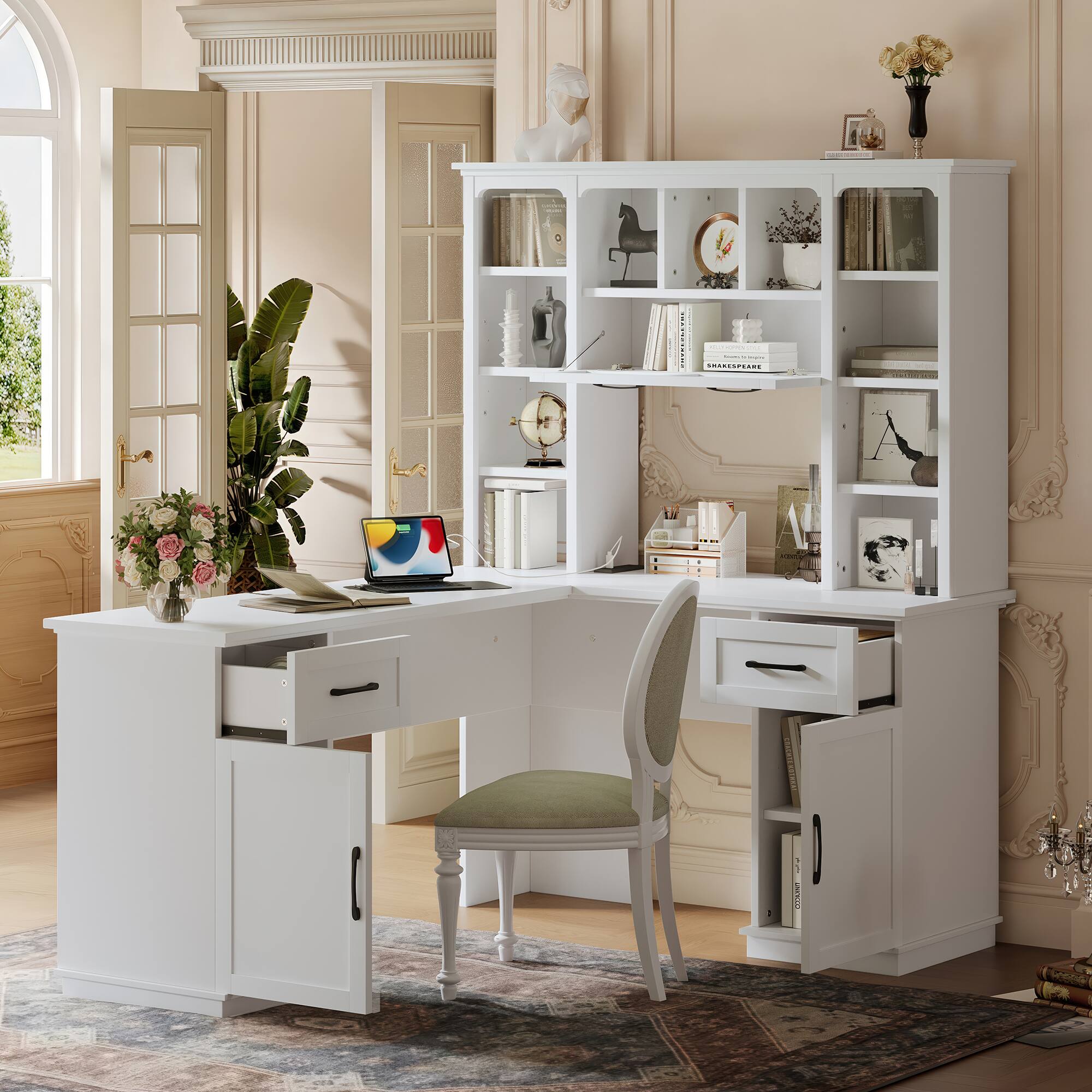 Angle. GOODSILO - L-Shaped Computer Desk with Cabinets, Drawers & Shelves, Electrical Outlet for Study, Living Room & Office - White.