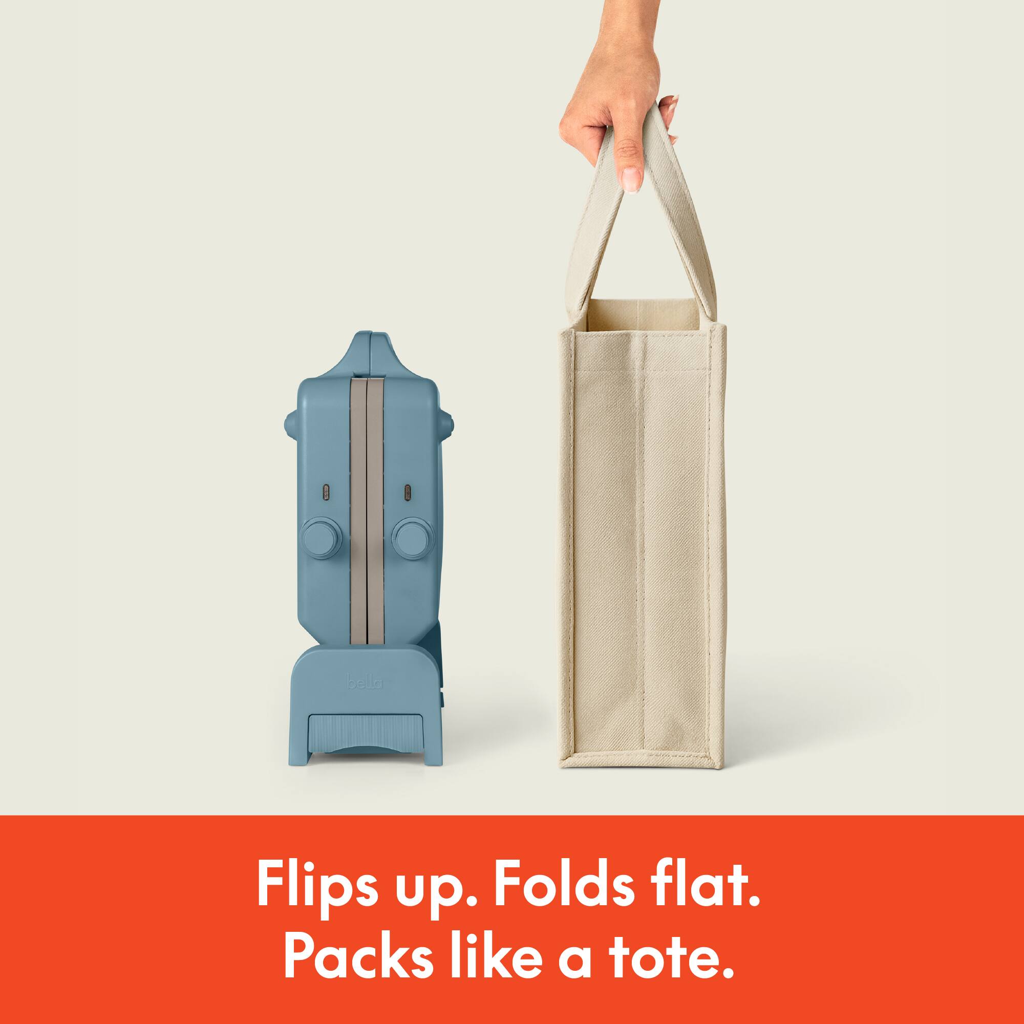 Flips up.  
Folds flat.  
Packs like a tote.
