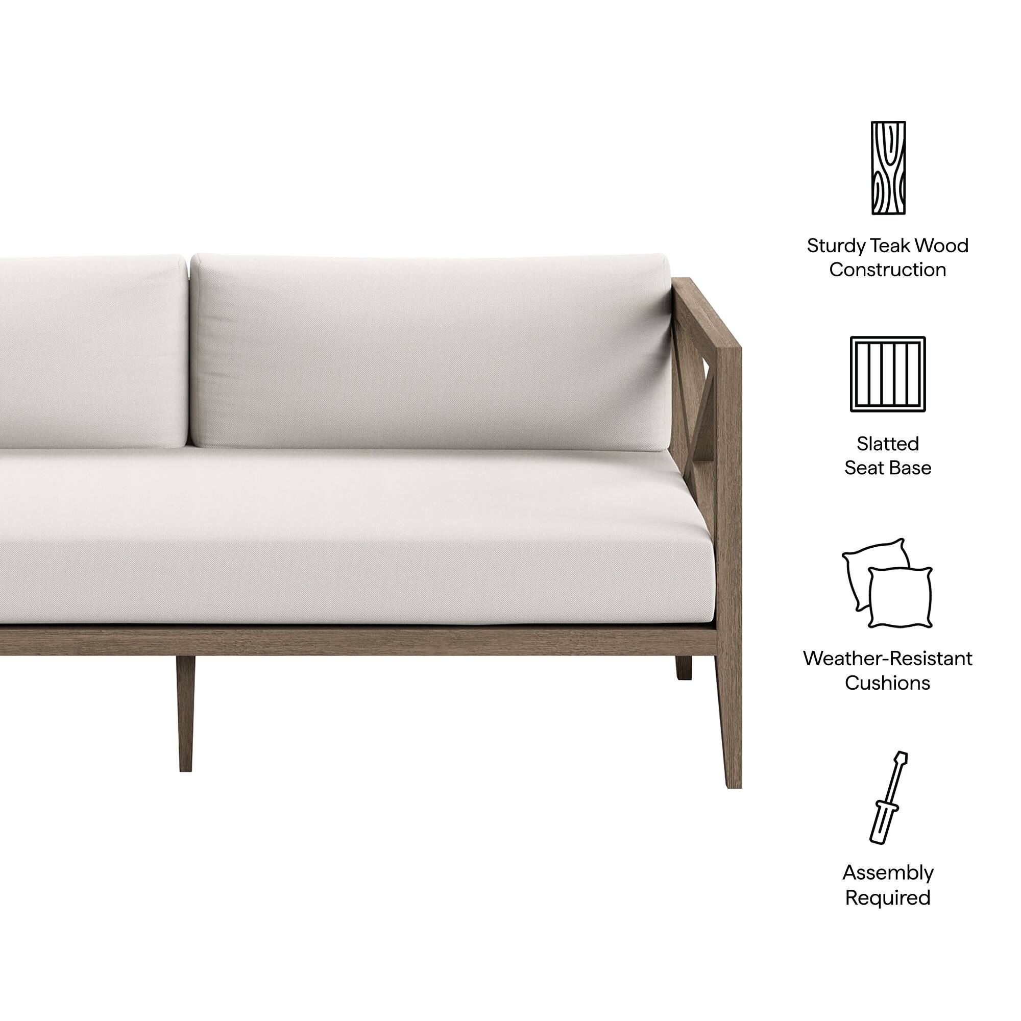 - Sturdy Teak Wood Construction
- Slatted Seat Base
- Weather-Resistant Cushions
- Assembly Required