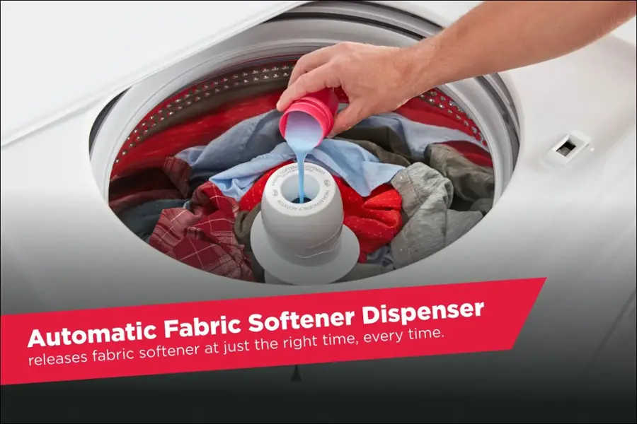 The text on the image reads: "Automatic Fabric Softener Dispenser. High Agitator Efficiency. Releases fabric softener at just the right time, every time."