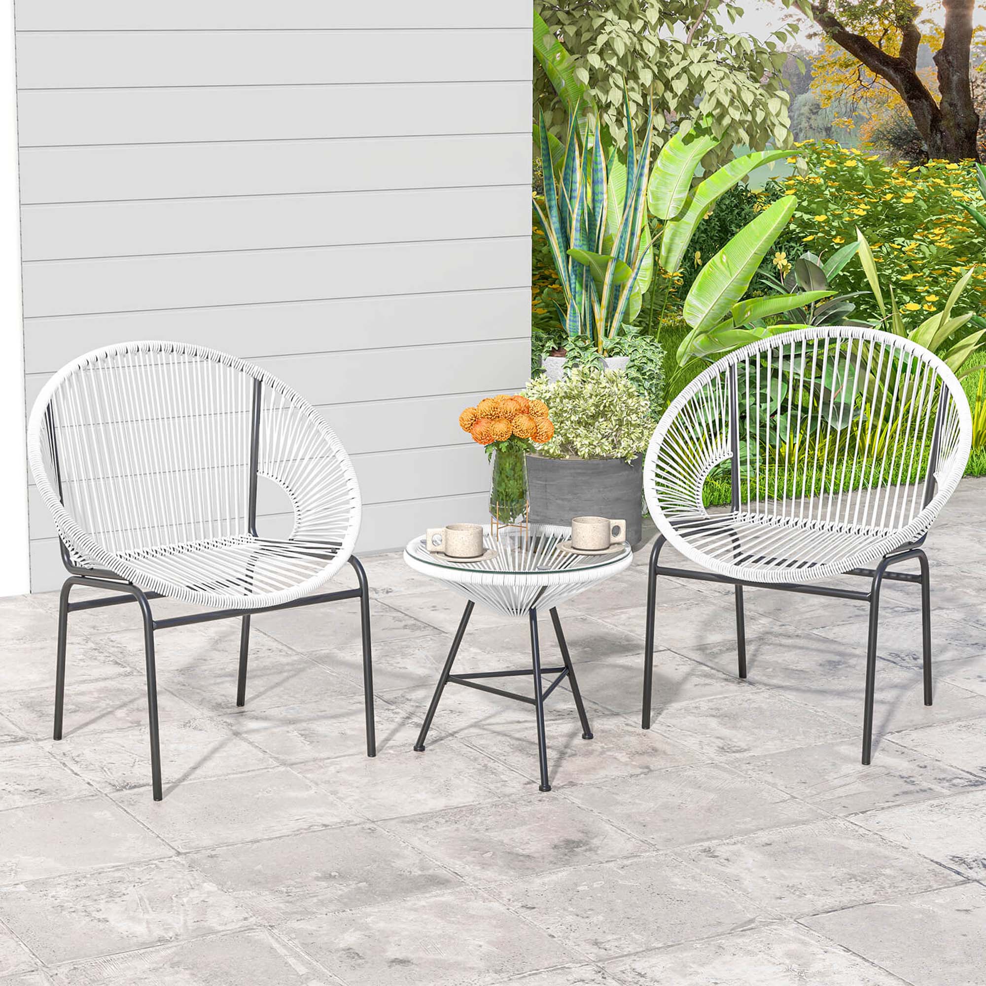 Alt View 1. Costway - 3 PCS Patio Acapulco Furniture Bistro Set Plastic Rope Glass Table - White.