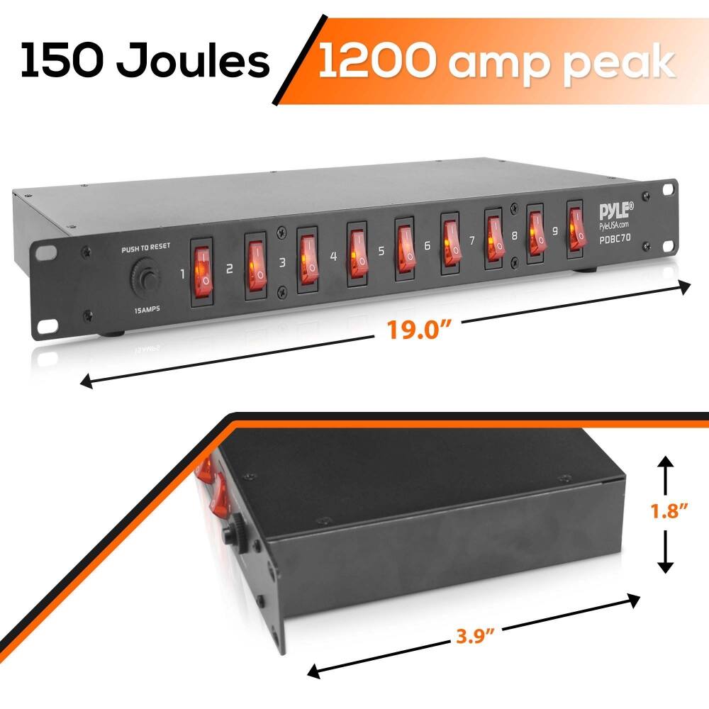 150 Joules  
1200 amp peak  
PUSH TO RESET  
15AMPS  
1 2 3 4 5 6 7 8 9  
19.0"  
1.8"  
3.9"  
PYLE  
PYLEUSA.com  
PBC70