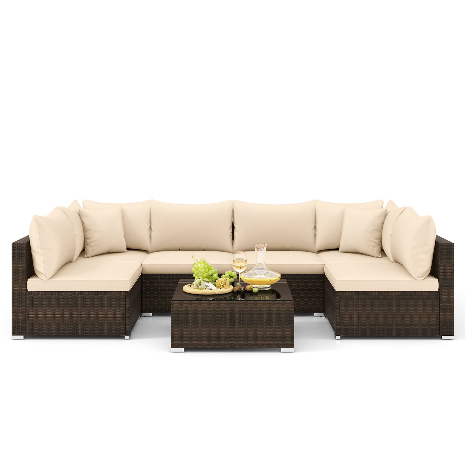 Back. SlickBlue - 7 Piece Patio Rattan Furniture Set with Sectional Sofa and Cushions - Beige.